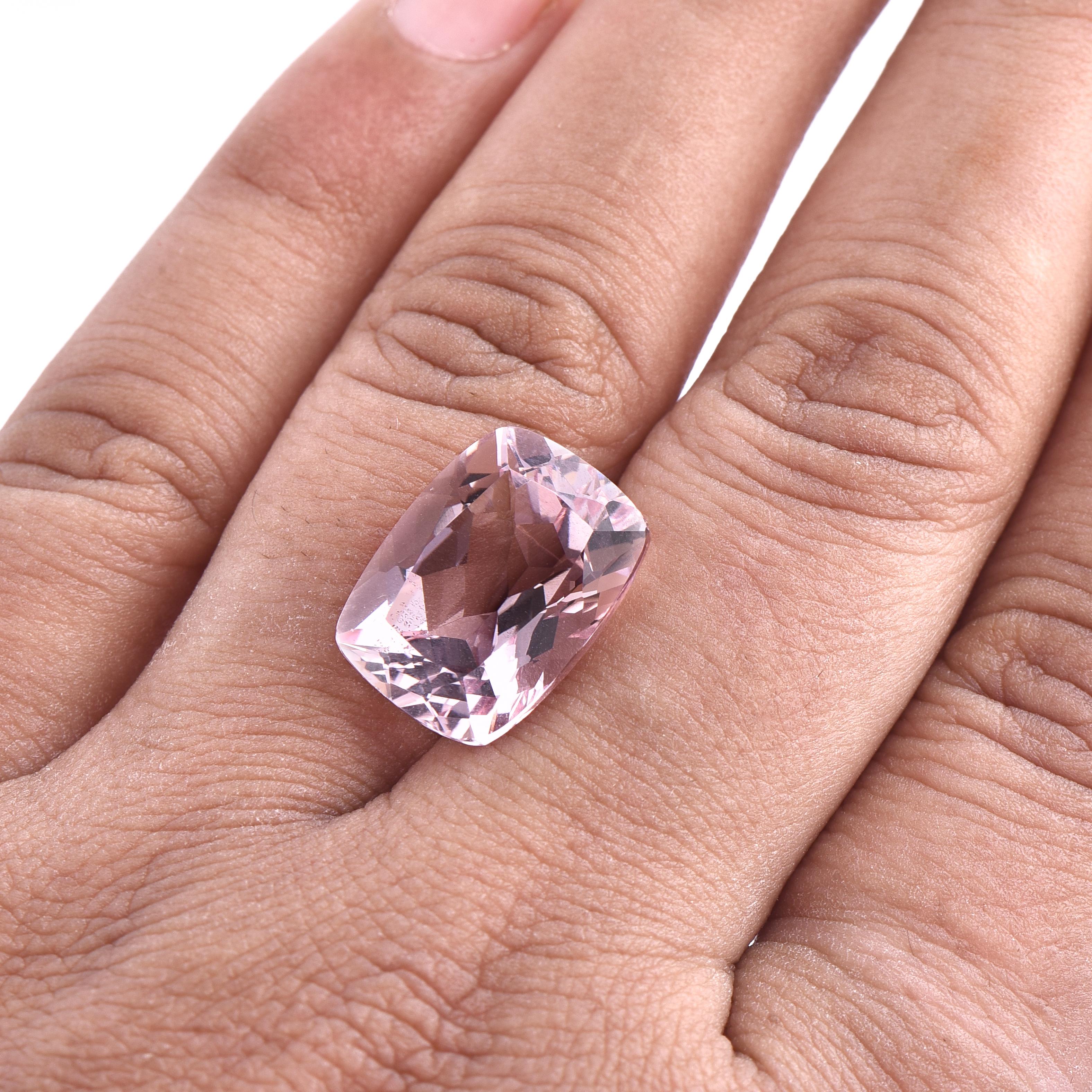 Women's or Men's TJD Loose 10.89 Carat Cushion Cut Natural Morganite Gemstone for Ring & Pendant For Sale