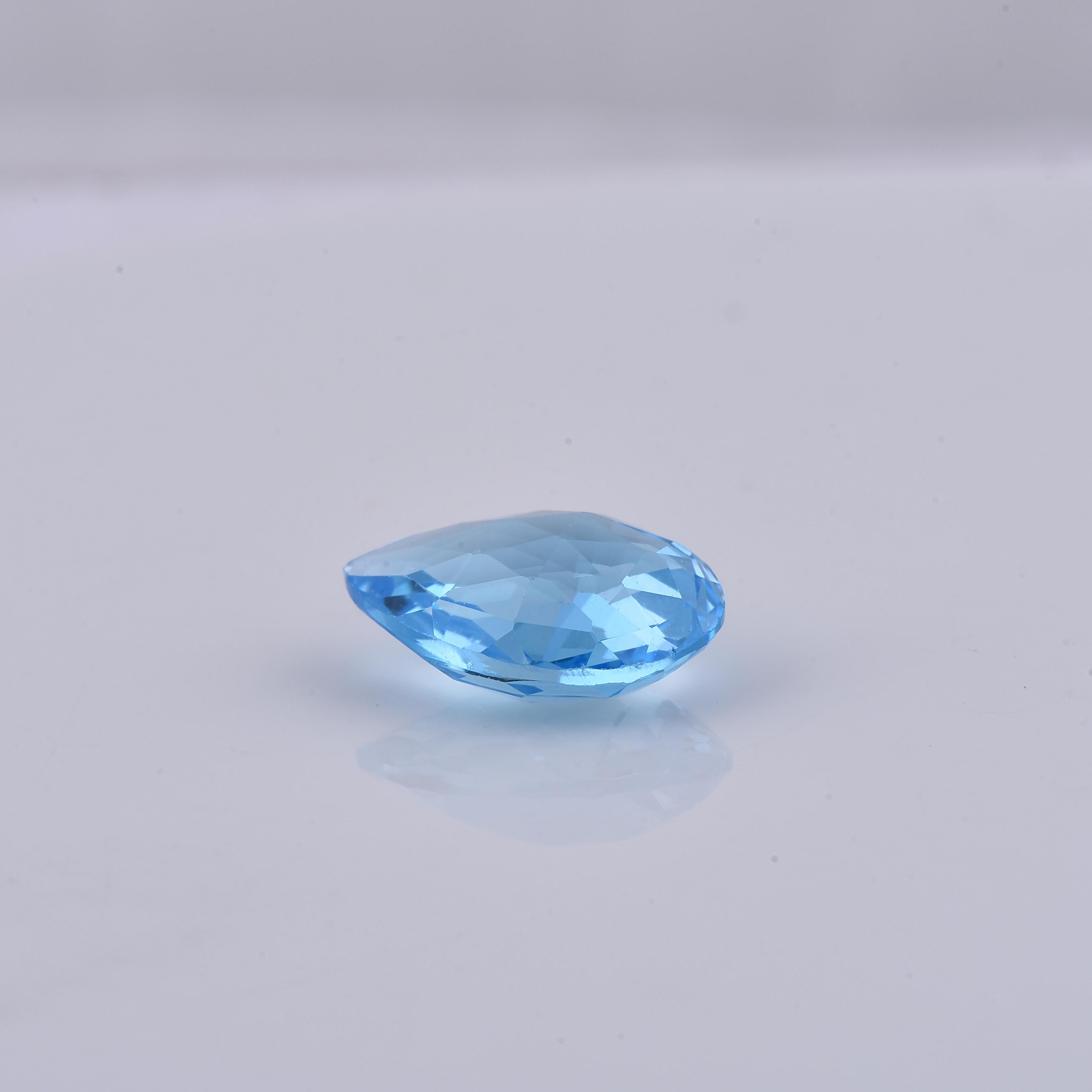 Stone Information: Natural Swiss Blue Topaz
Shape/Cut: Pear Shape
Color: Blue
Dimensions (mm): 14.93 x 8.14 x 5.50
Weight: 5.15ct