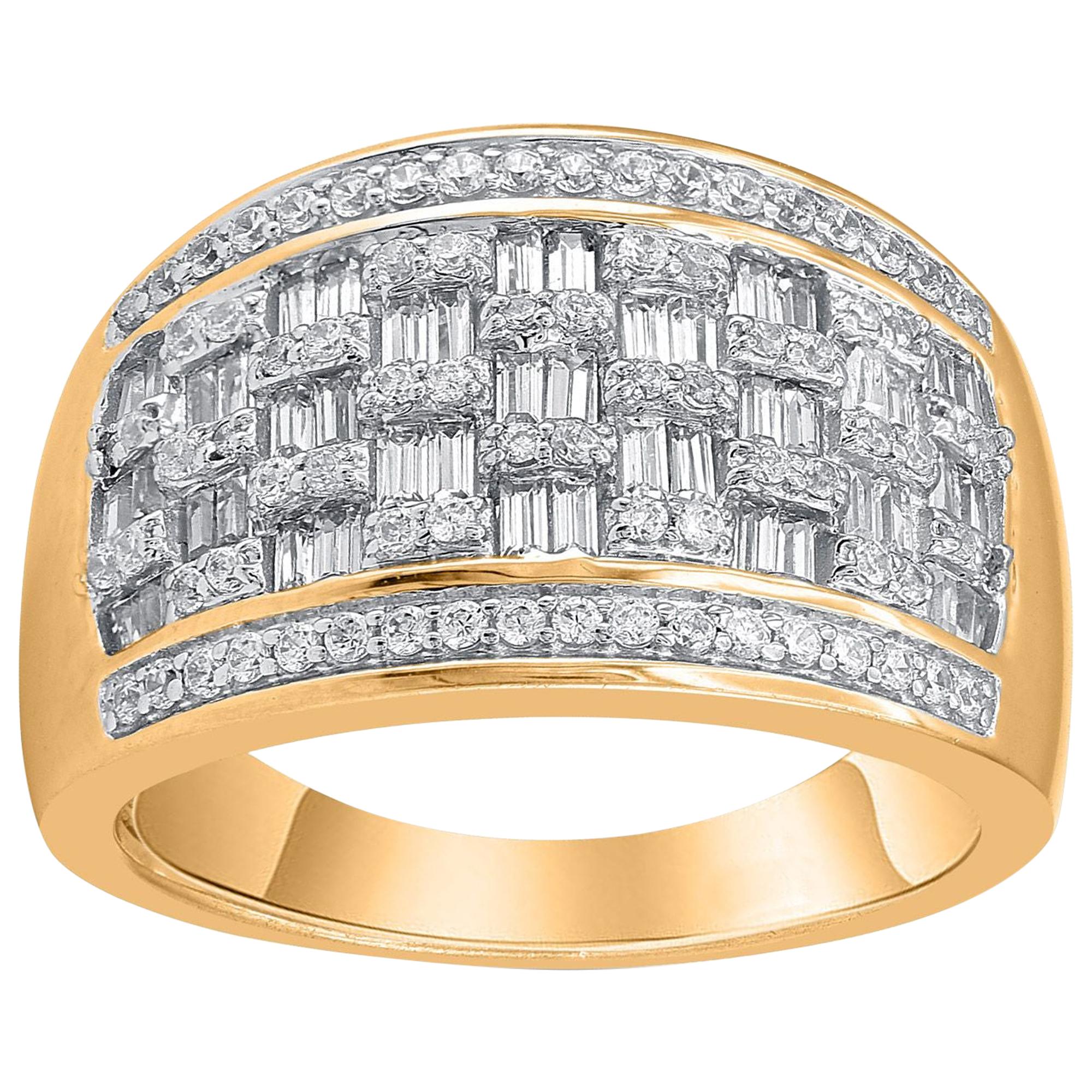 TJD 1.00 Carat Round and Baguette Diamond 10 Karat Yellow Gold Chequered Ring