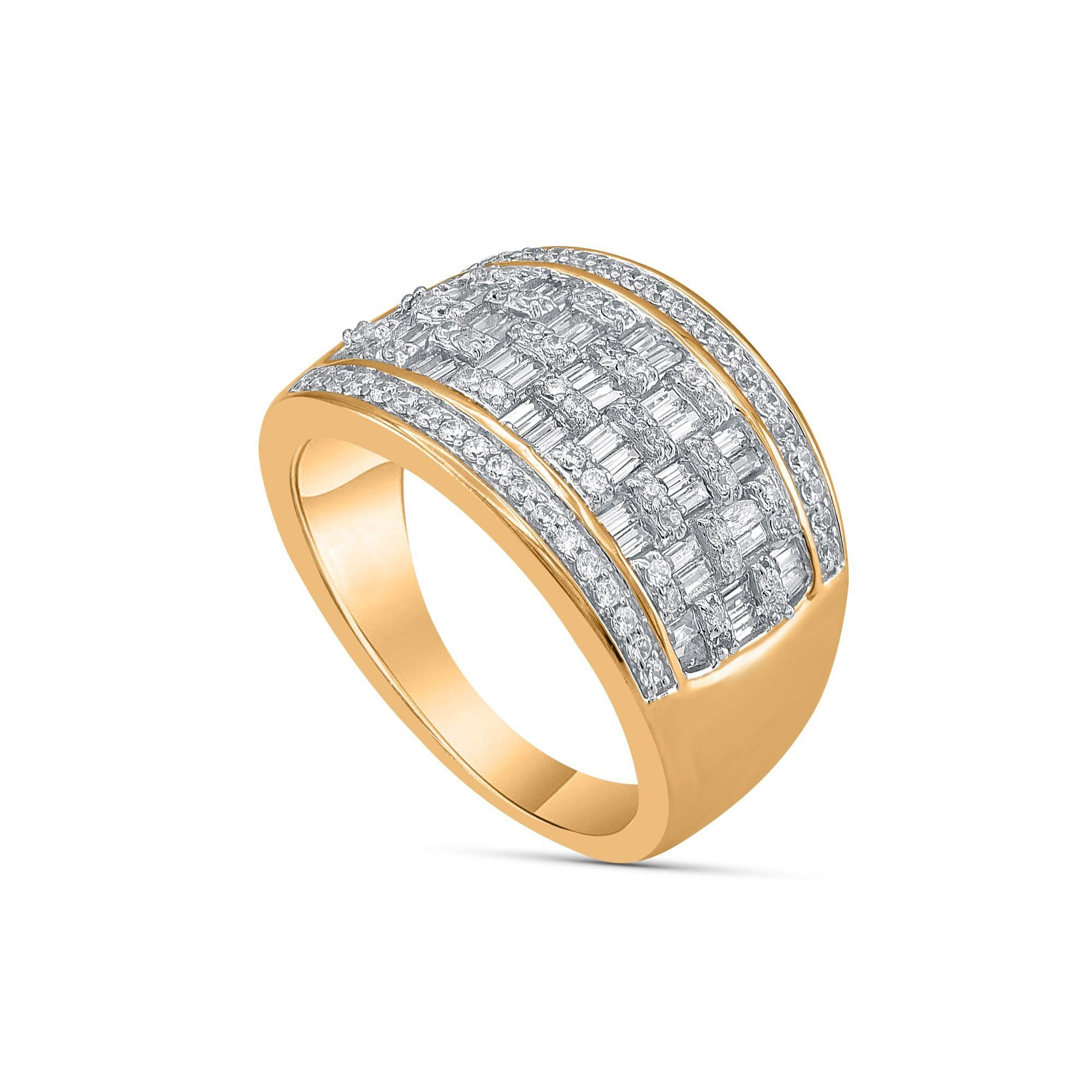 Made in 10 kt yellow gold and accentuated with 46 baguettes and 80 round-cut diamonds in prong, pave and channel setting, diamonds are graded H-I Color, I2 Clarity. 


