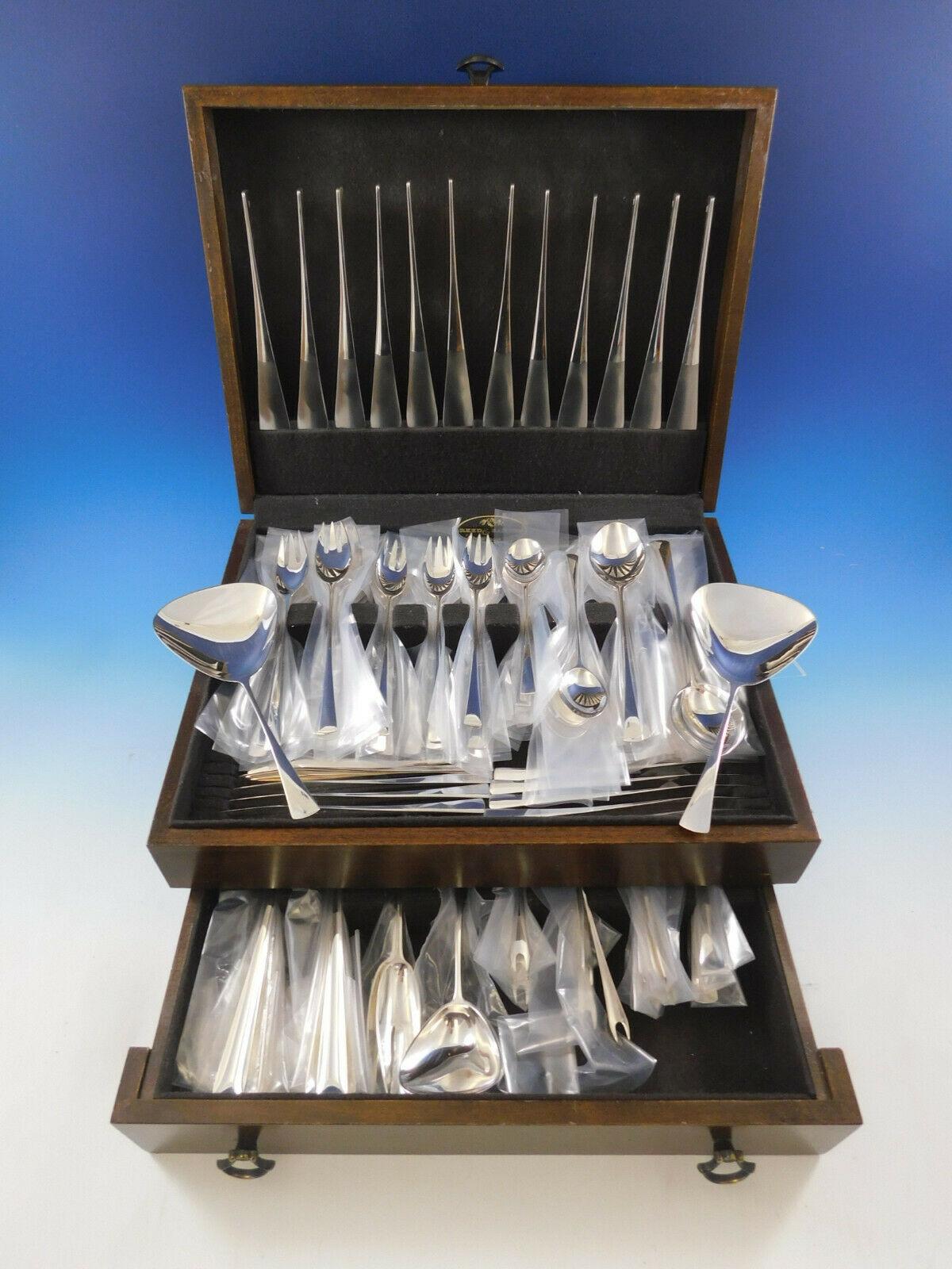 Monumental Scandinavian Modern Tjorn by Dansk sterling silver flatware set, 110 pieces. This set includes many exceedingly rare pieces and features solid handle knives with innovative stainless blades that are nearly seamless where the blade meets