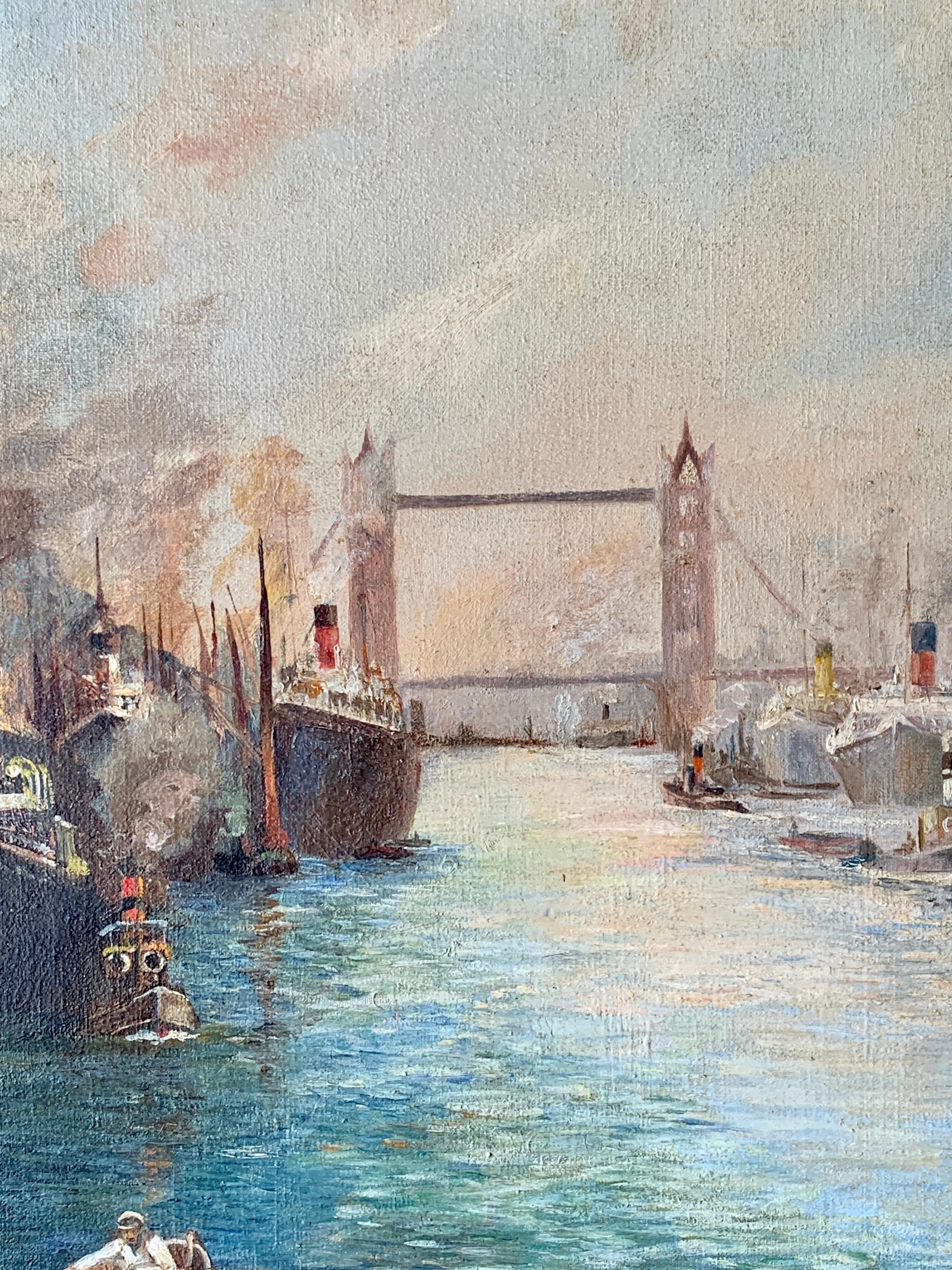 20th century View of Tower Bridge on the Thames in London, with boats, men - Painting by T.J.Smith