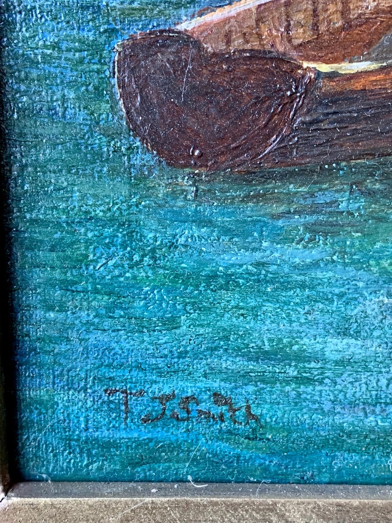 T.J.Smith 20th century View of Tower Bridge on the Thames in London, with boats, men For Sale