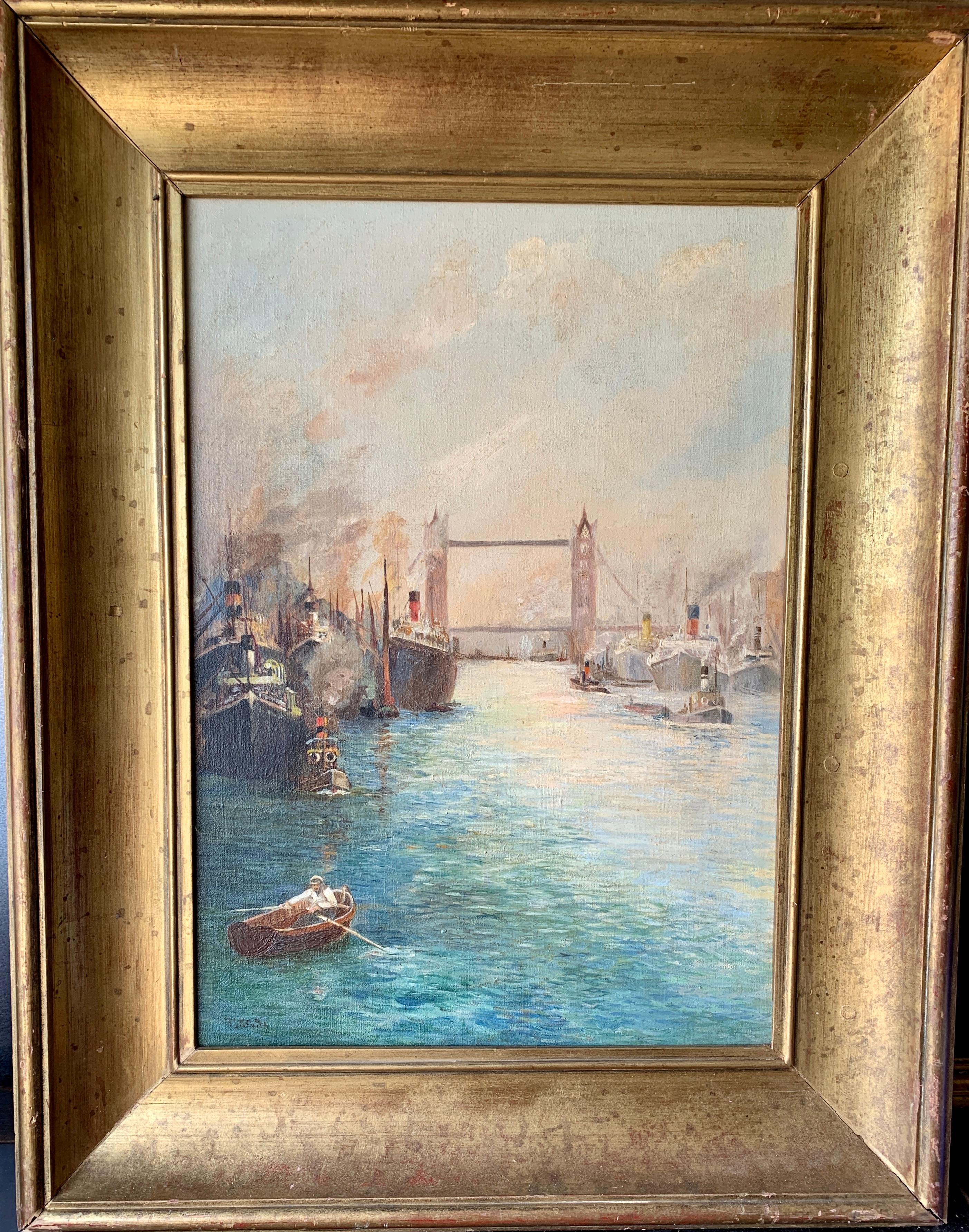20th century View of Tower Bridge on the Thames in London, with boats, men
