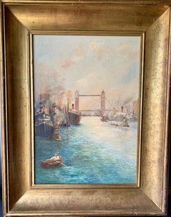 20th century View of Tower Bridge on the Thames in London, with boats, men