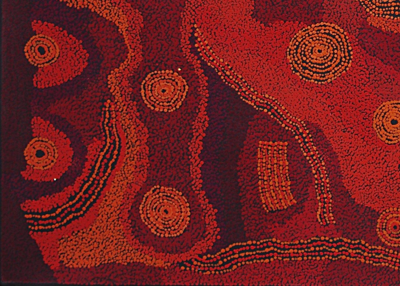 Australian Aboriginal Art, Seven Sisters red painting traditional Dreaming story - Abstract Painting by Tjungkara Ken