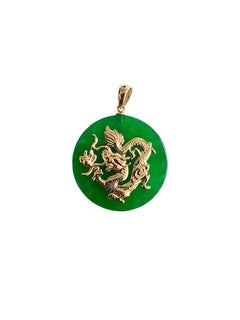 TKO Green Jade Dragon Pendant (with 14K Yellow Gold) 25mm Disc