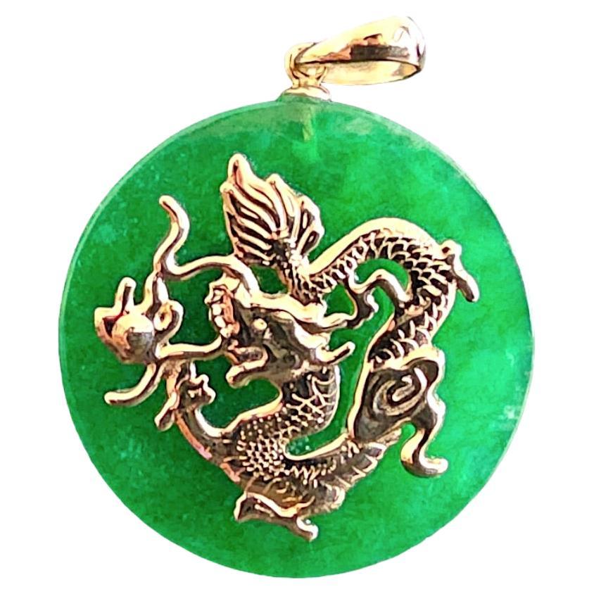 TKO Green Jade Dragon Pendant (with 14K Yellow Gold) 25mm Disc For Sale