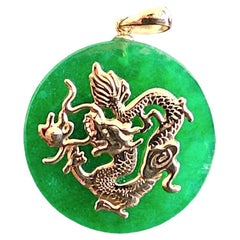 TKO Green Jade Dragon Pendant (with 14K Yellow Gold) 25mm Disc