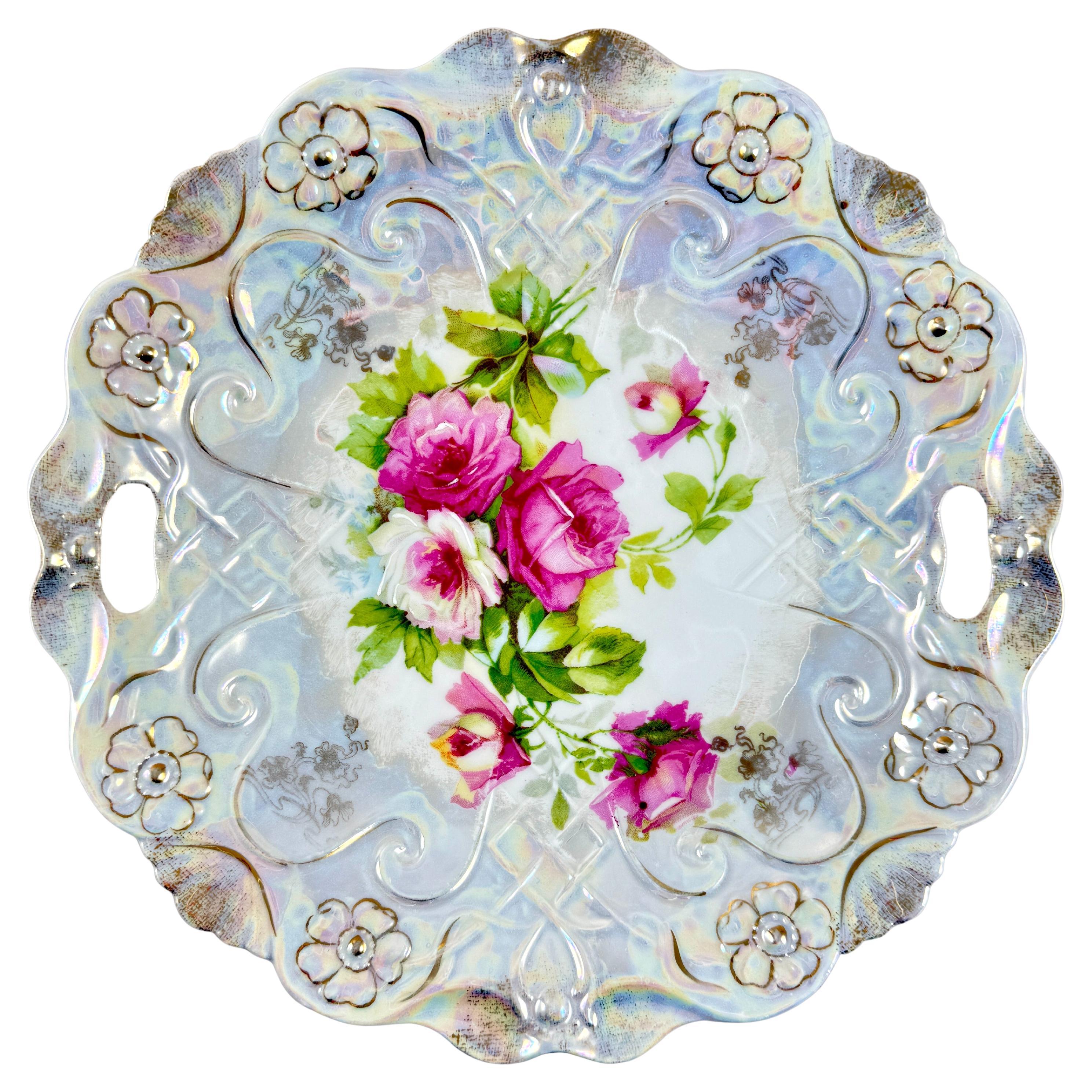 TL Lehmann Bavarian Porcelain Iridescent Handled Rose Bowl For Sale