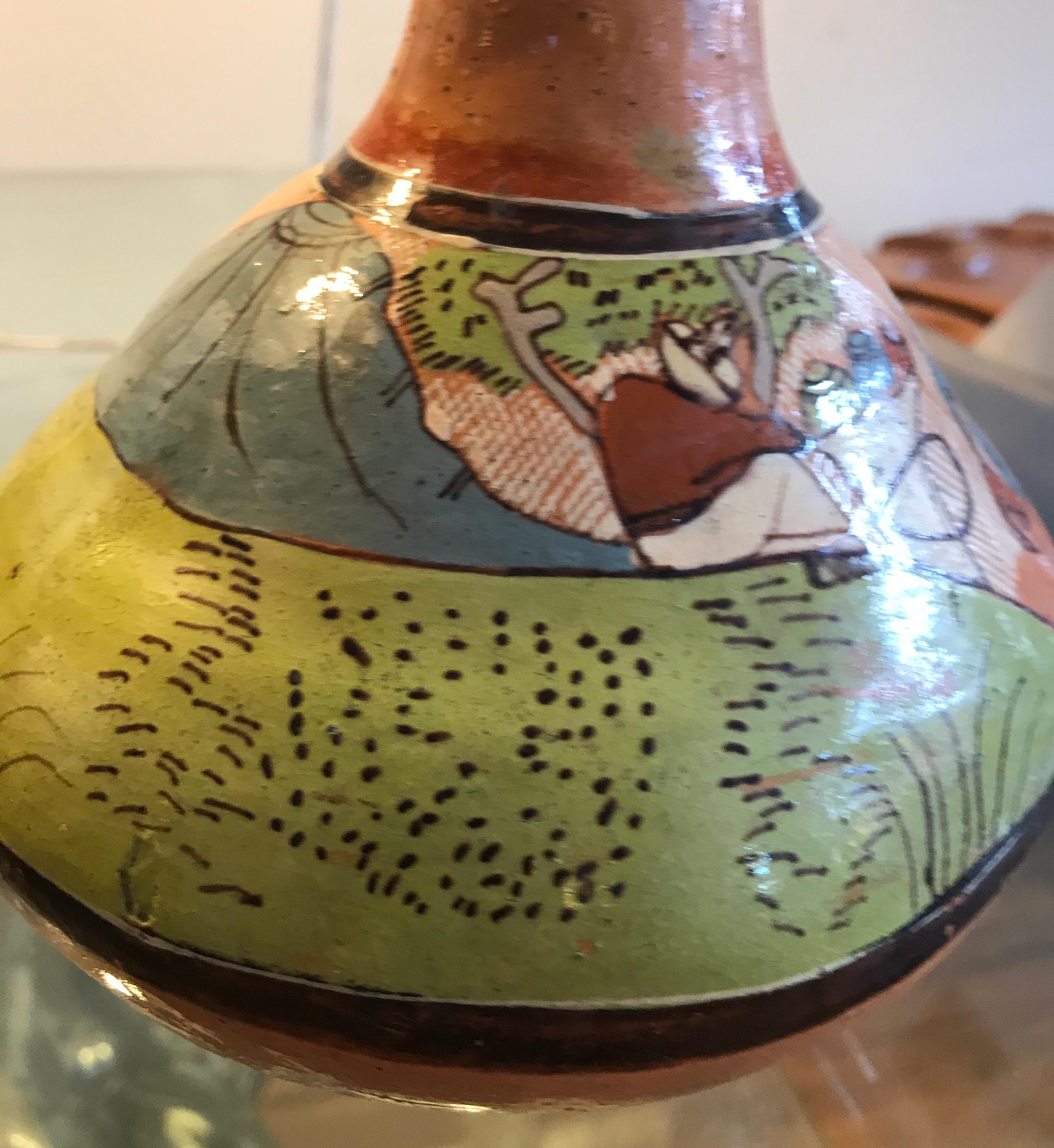 Folk Art Tlaquepaque Mexican Hand Painted Ceramic Vase For Sale