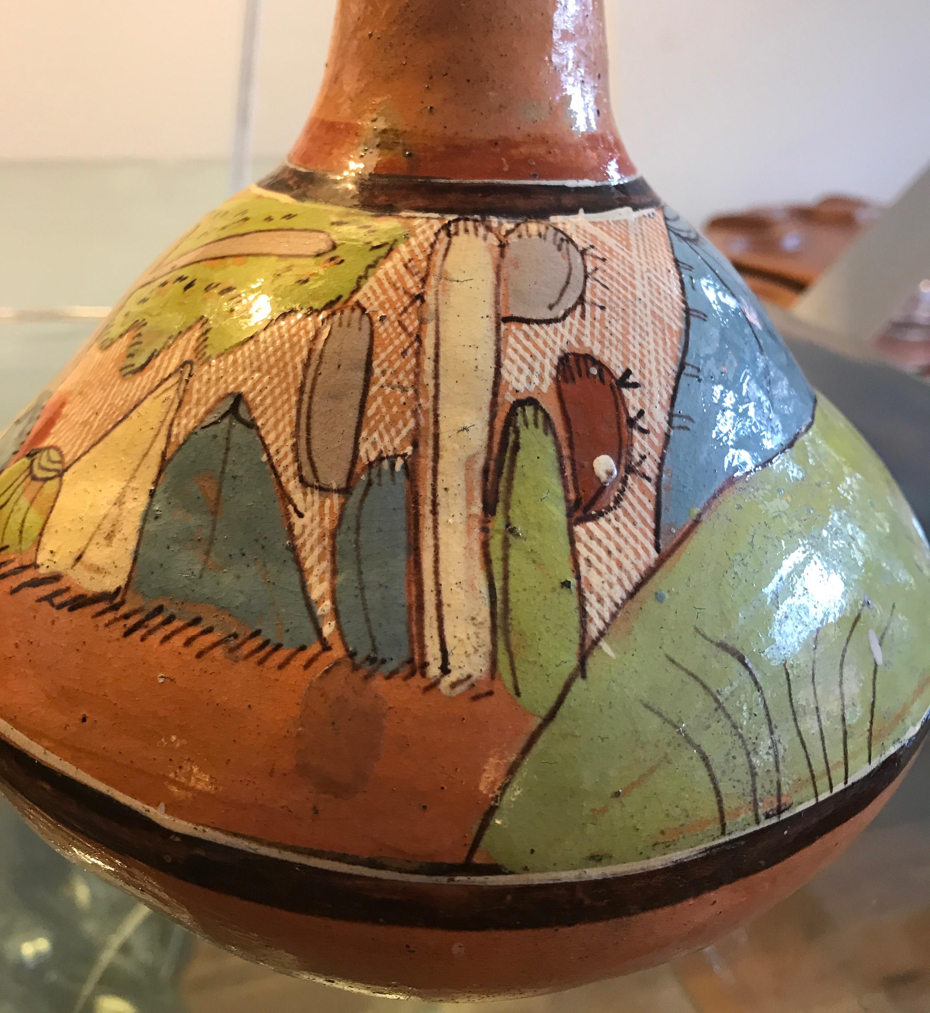 Tlaquepaque Mexican Hand Painted Ceramic Vase In Fair Condition For Sale In Chicago, IL