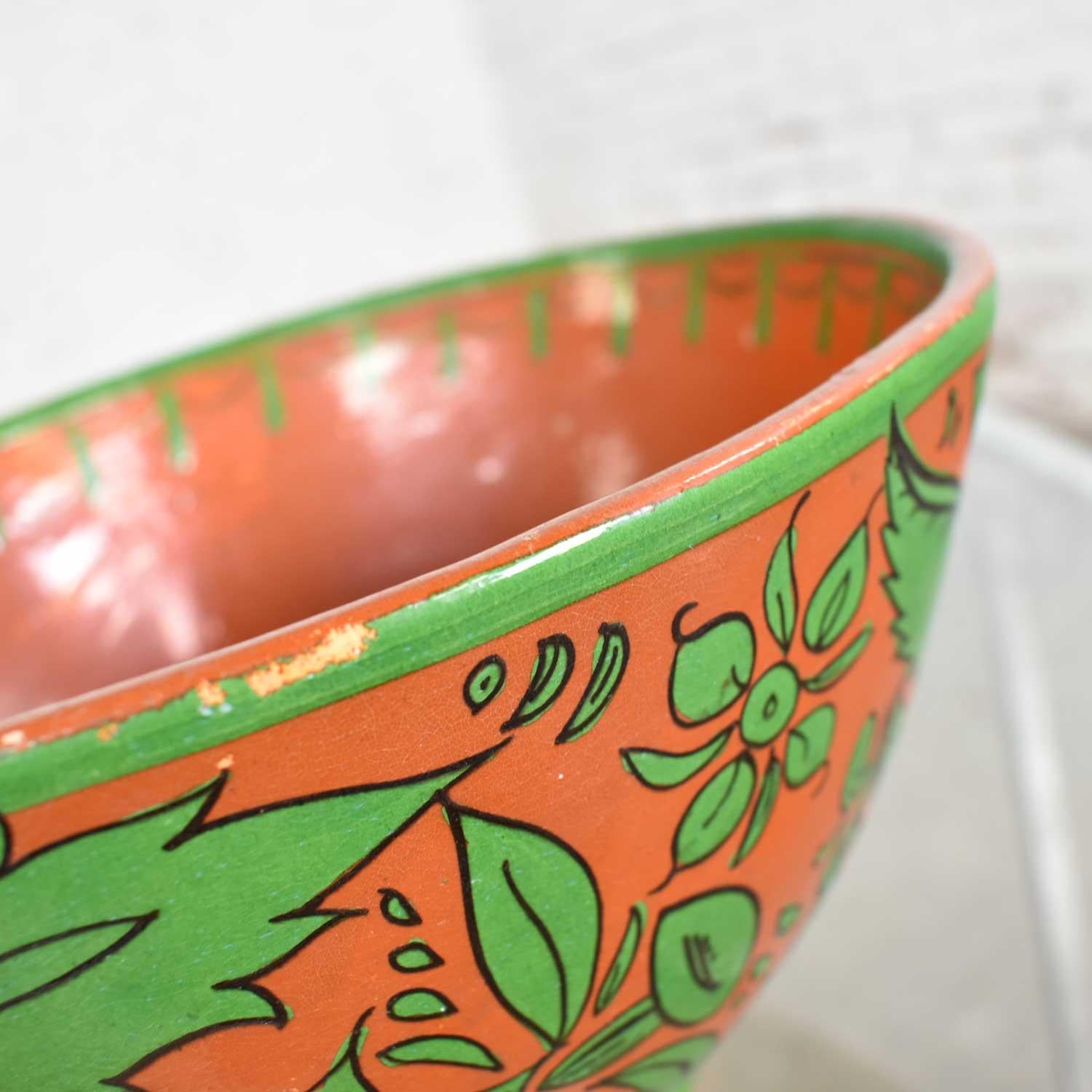Tlaquepaque Mexican Pottery Bowl Large Fantasia Stylized Deer Green & Terracotta 3