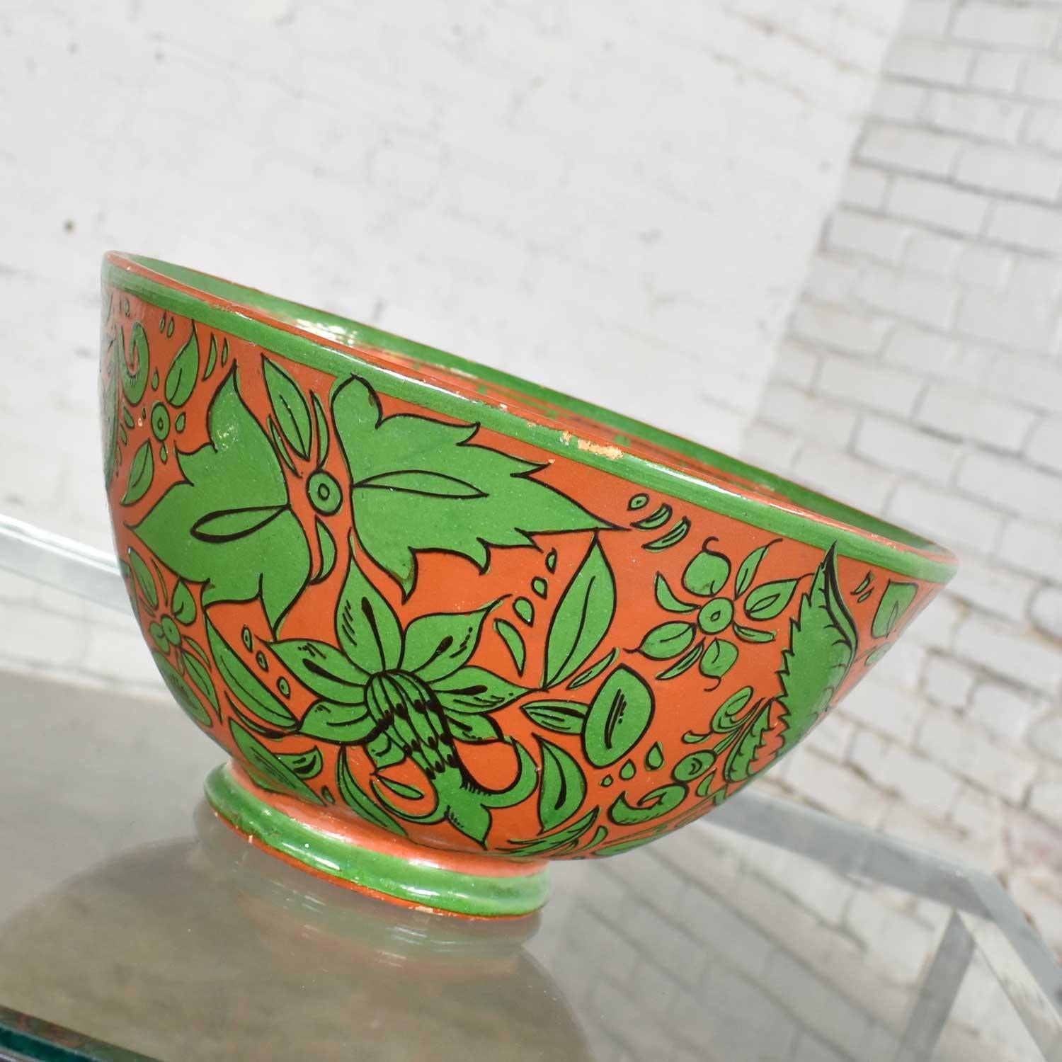 Folk Art Tlaquepaque Mexican Pottery Bowl Large Fantasia Stylized Deer Green & Terracotta