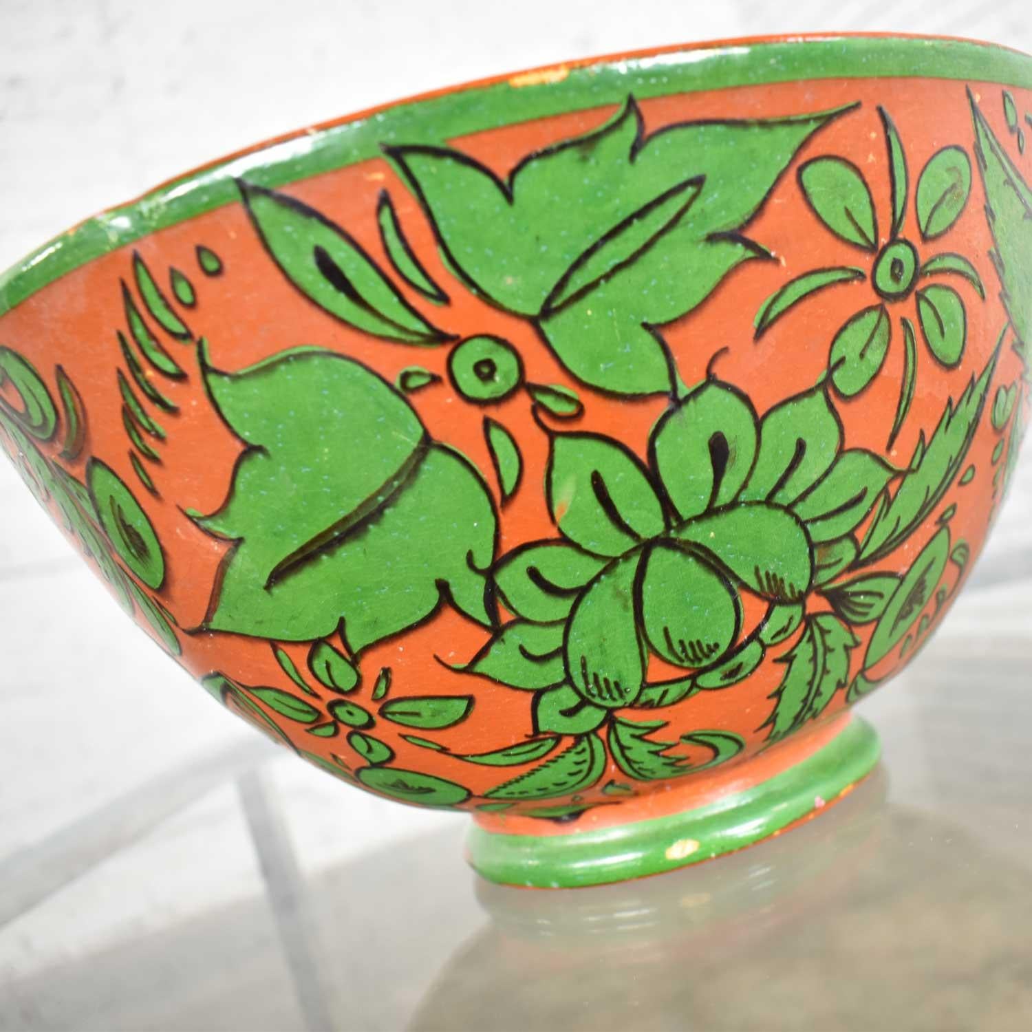Glazed Tlaquepaque Mexican Pottery Bowl Large Fantasia Stylized Deer Green & Terracotta