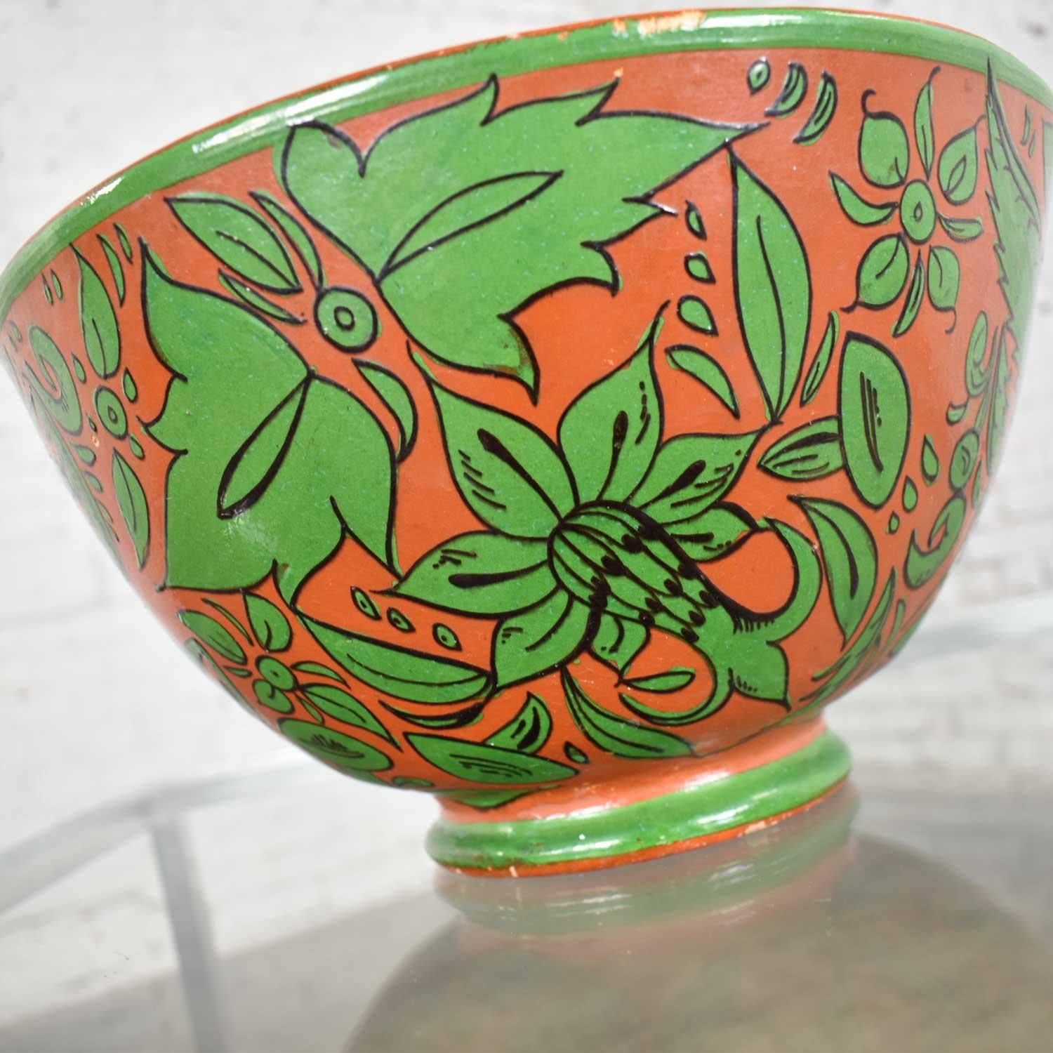 Clay Tlaquepaque Mexican Pottery Bowl Large Fantasia Stylized Deer Green & Terracotta