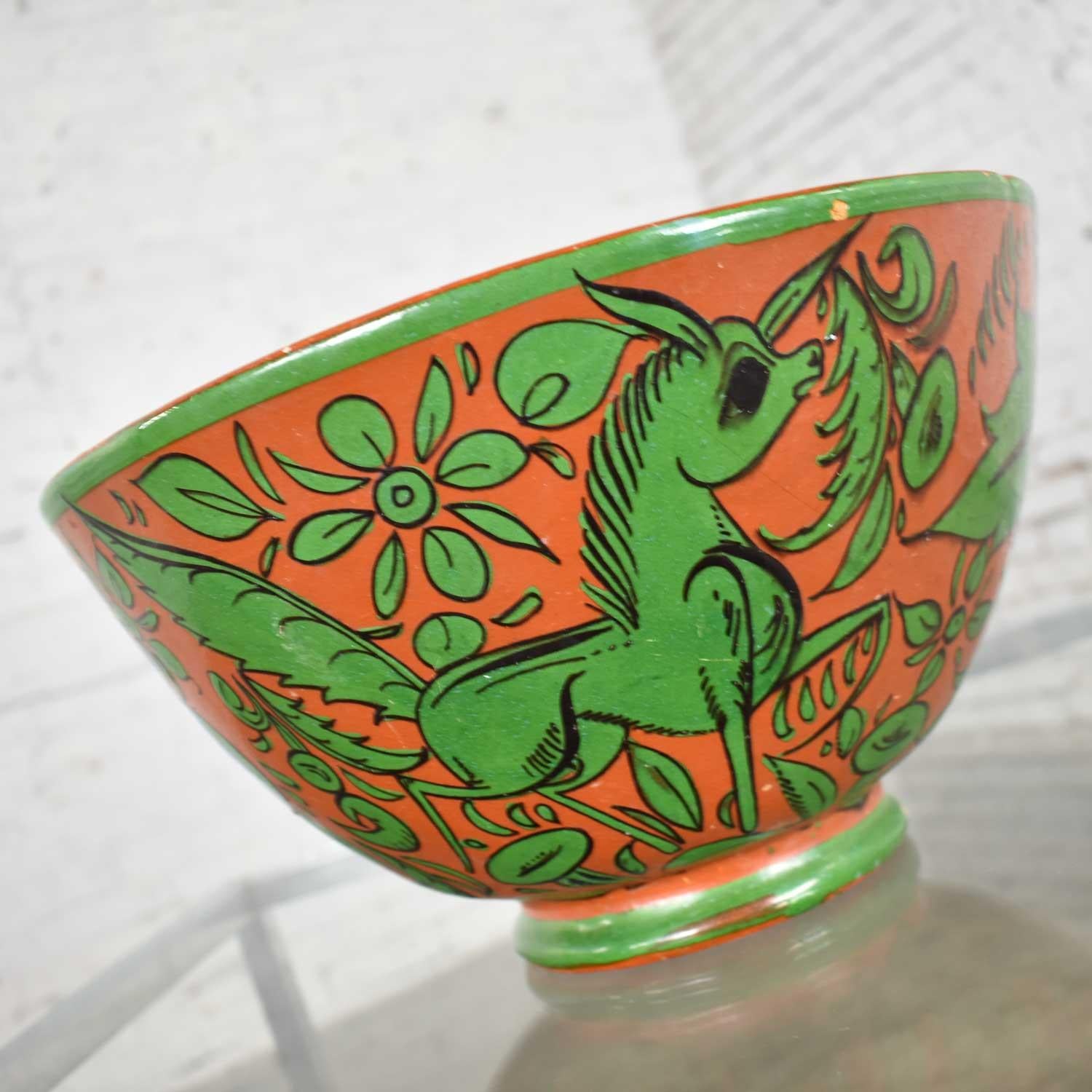 Tlaquepaque Mexican Pottery Bowl Large Fantasia Stylized Deer Green & Terracotta 1