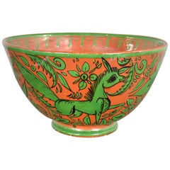 Tlaquepaque Mexican Pottery Bowl Large Fantasia Stylized Deer Green & Terracotta