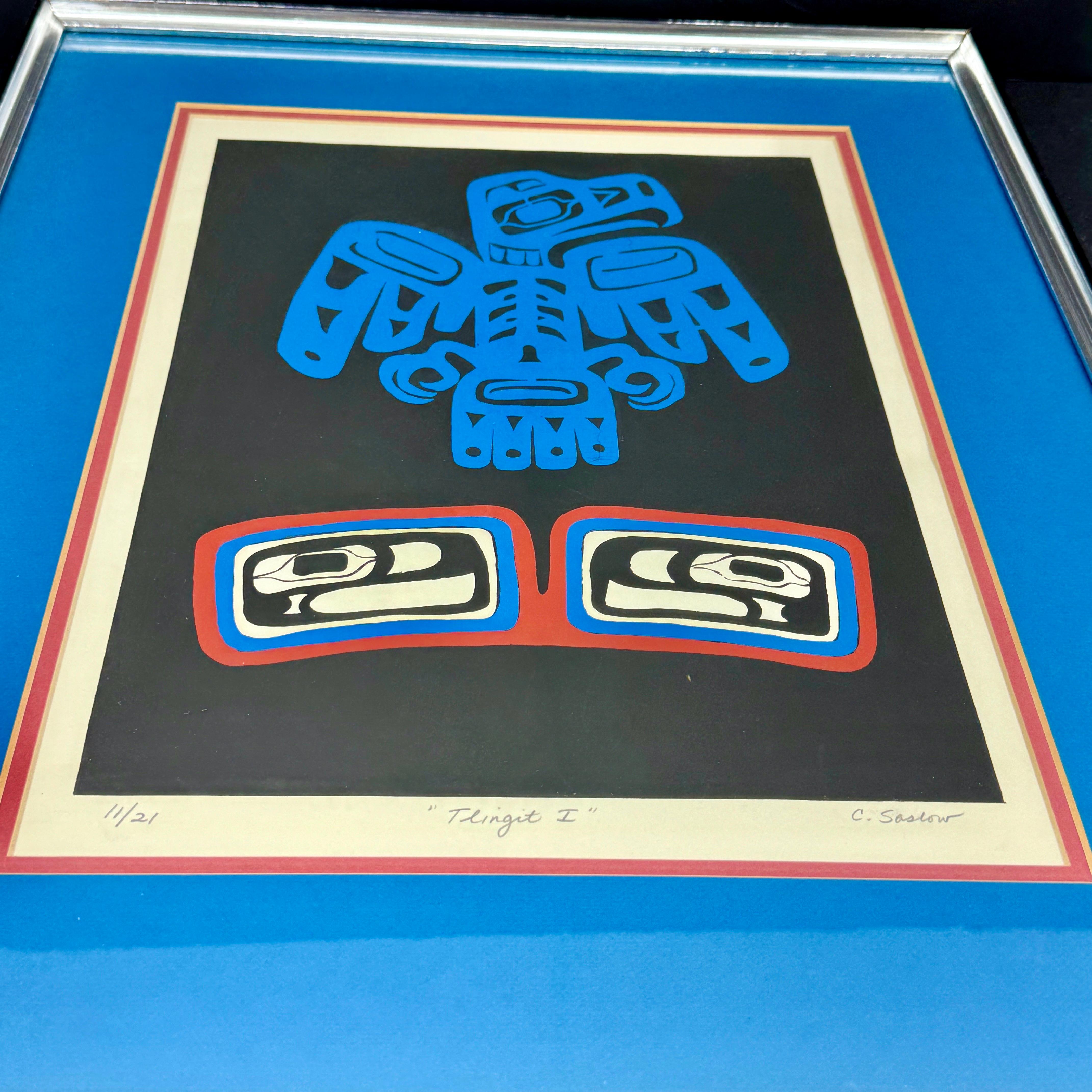 Hand-Crafted Tlingit American Indians Drawing Print of Raven, Signed C. Saslow