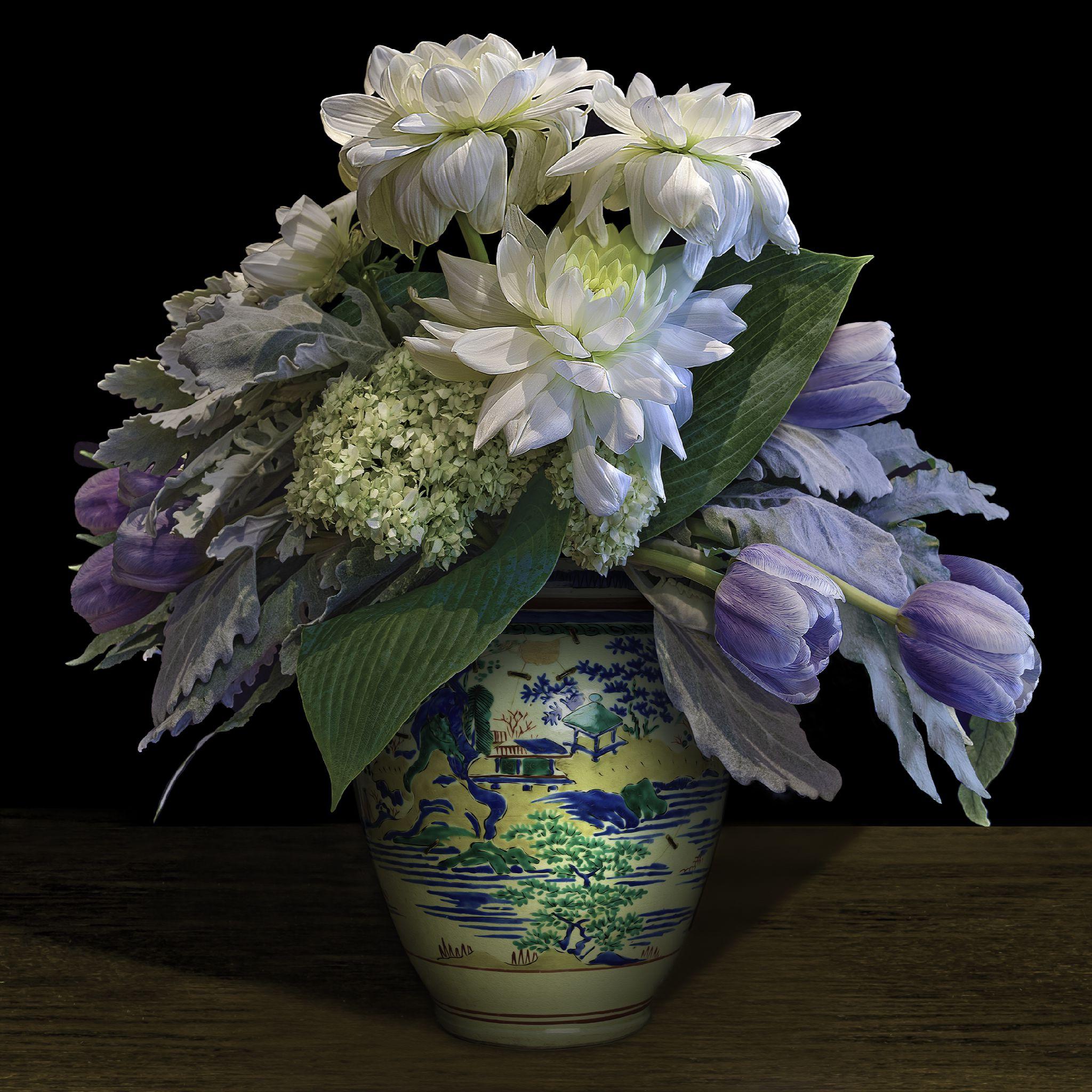 Dahlias, Tulips, and Hydrangeas in a Japanese Vessel - Photograph by T.M. Glass