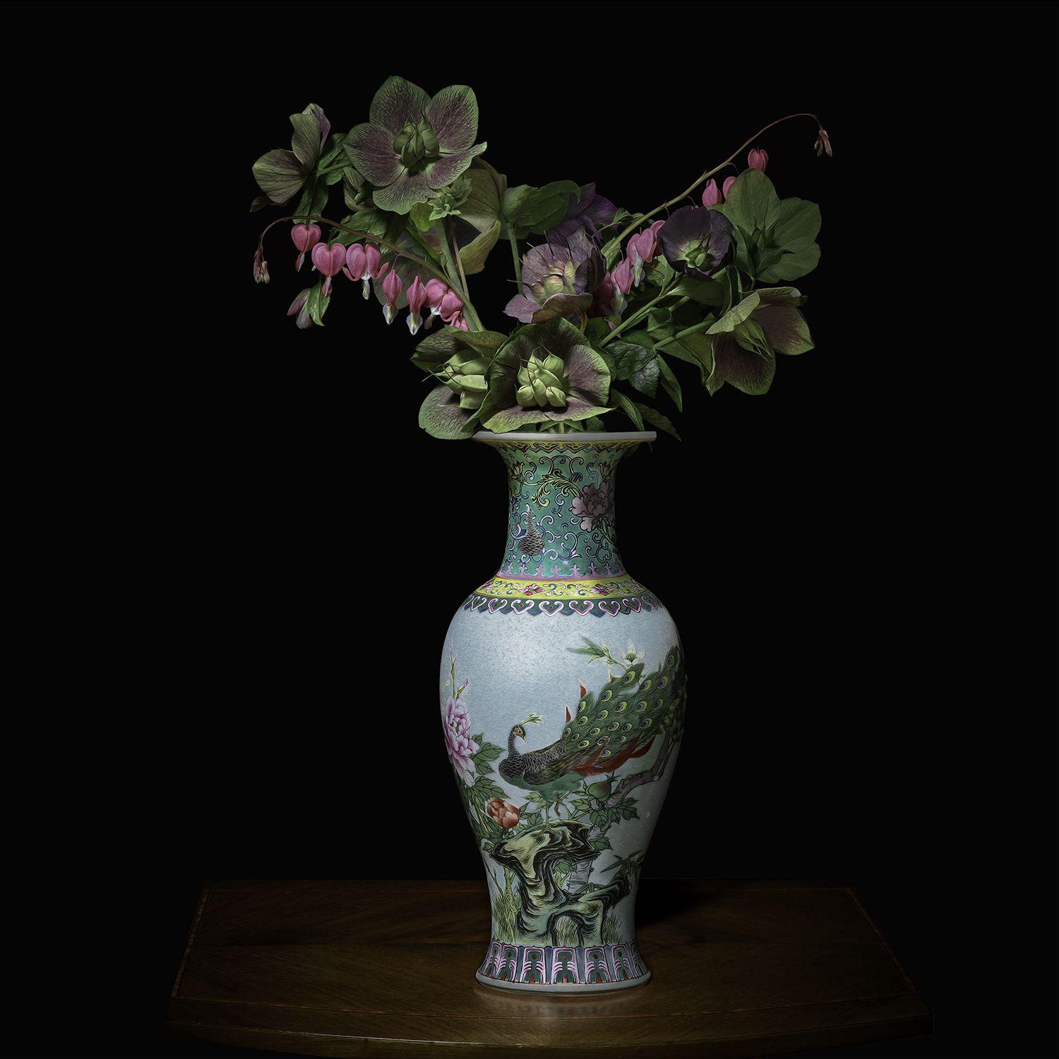 Hellebores and Bleeding Hearts in a Chinese Vessel - Photograph by T.M. Glass