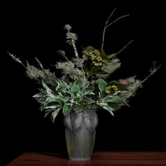 Lamb's Ear and Lichens on Pine Branches in a Lalique Glass Vase