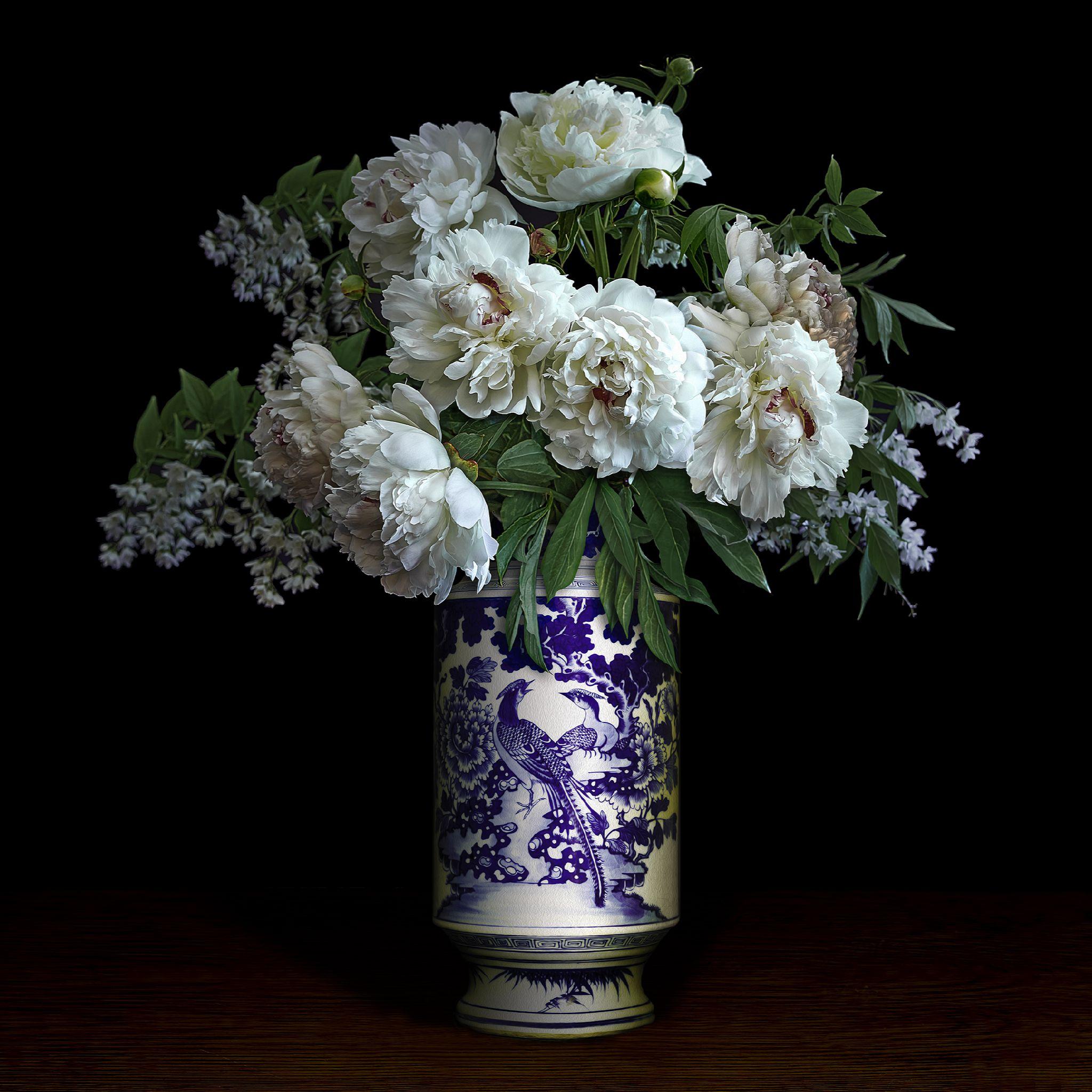 Peonies in a Blue and White Chinese Peacock Vase - Photograph by T.M. Glass