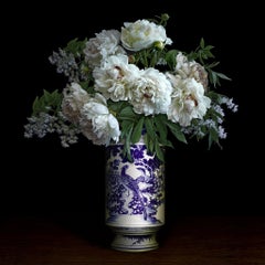 Peonies in a Blue and White Chinese Peacock Vase