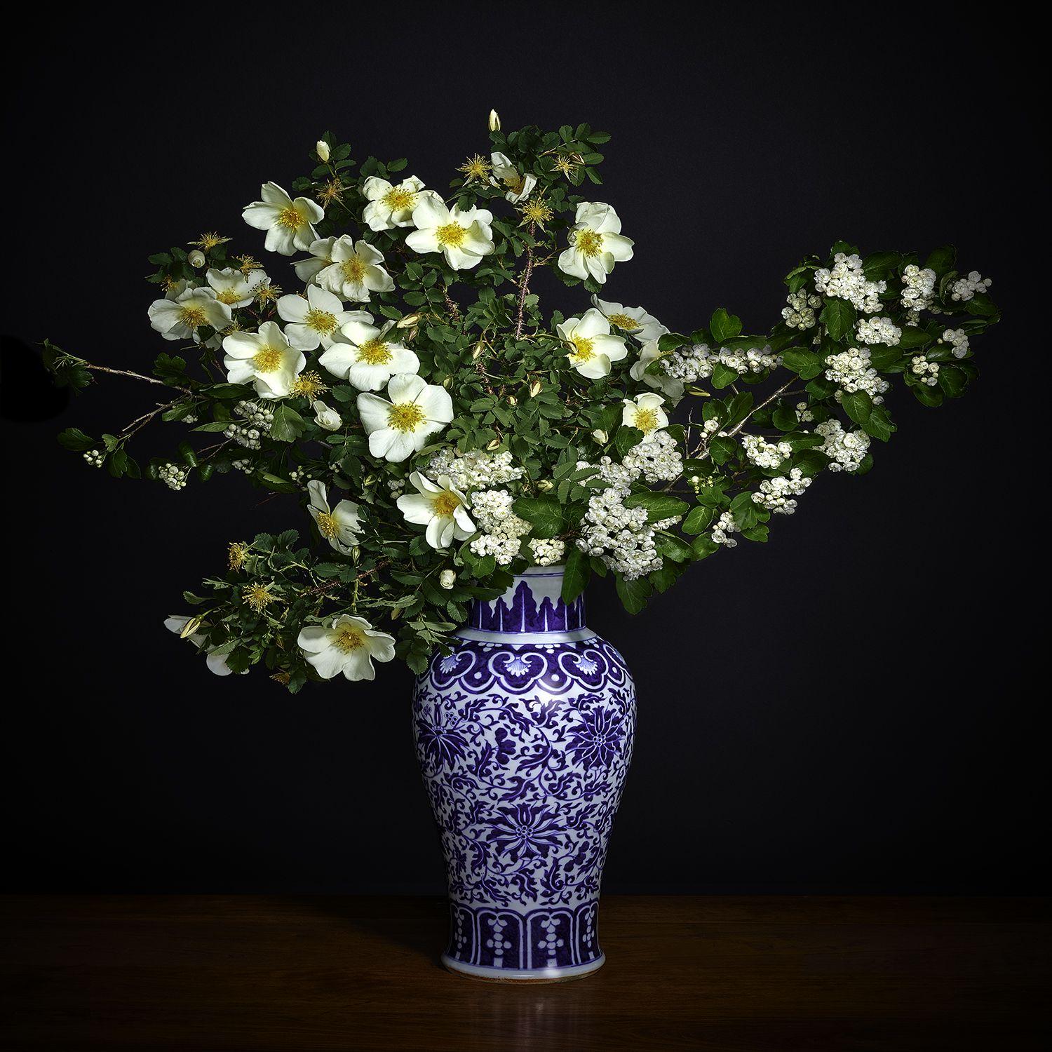 White Hawthorne and White Shrub Rose in a Blue and White Chinese Vessel - Photograph by T.M. Glass