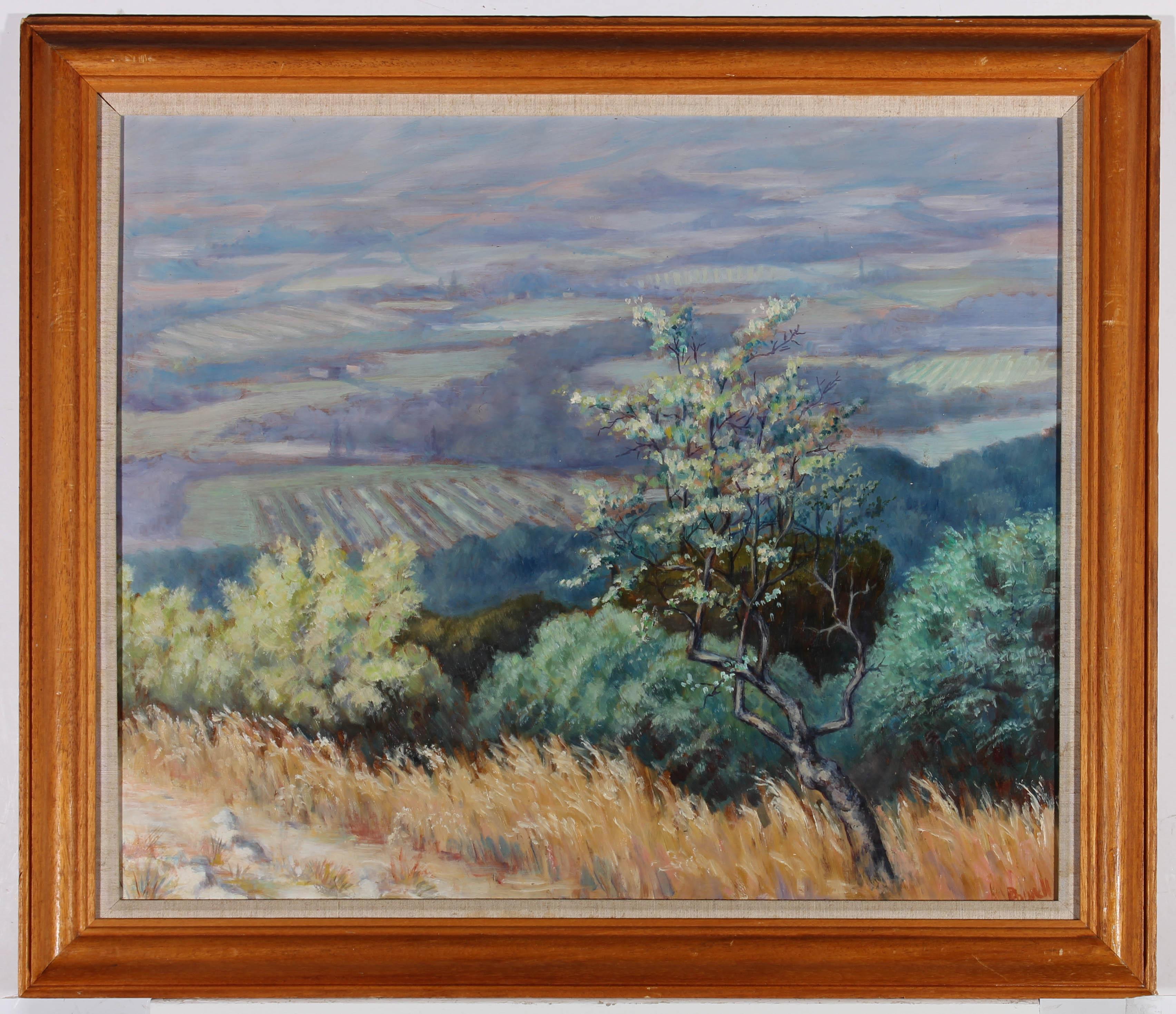 An expressive oil on board, depicting an expansive French landscape. Signed to the lower right corner. With exhibition label to the reverse, signed T N A Powell. Presented in a cushioned slip and wooden frame. On board.
















