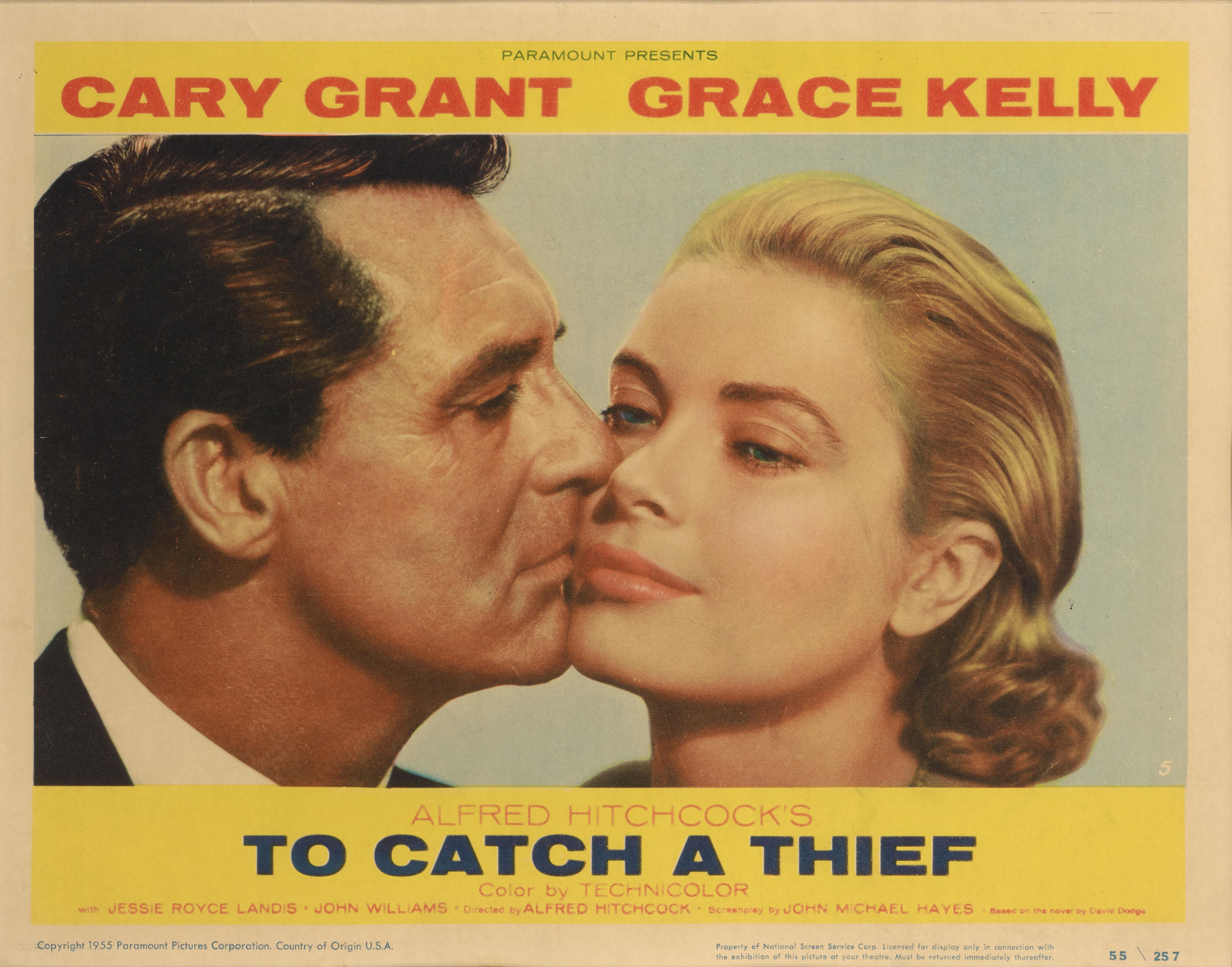 Original US lobby card for the classic 1955 Alfred Hitchcock thriller To Catch a Thief.
This film starred Cary Grant and Grace Kelly.
This is the best card from the original US set of lobby cards.
This lobby card is conservation framed with UV
