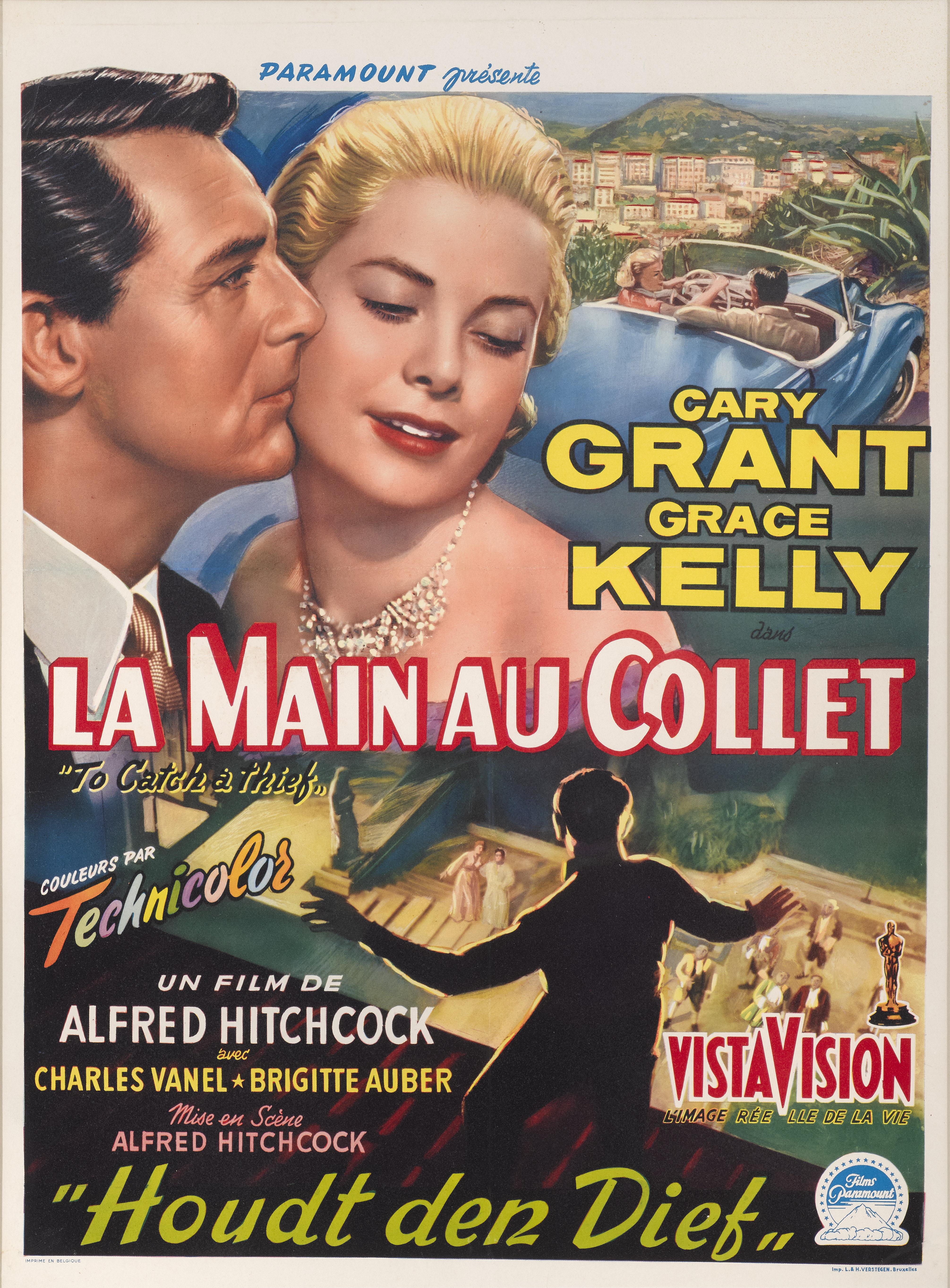 Original belgisches Filmplakat für Alfred Hitchcocks 1955 erschienenen romantischen Krimi-Klassiker mit Cary's Grant und Grace Kelly in den Hauptrollen.
Der Film wurde mit einem Oscar für die beste Kameraführung (Robert Burks) ausgezeichnet.
Dieses