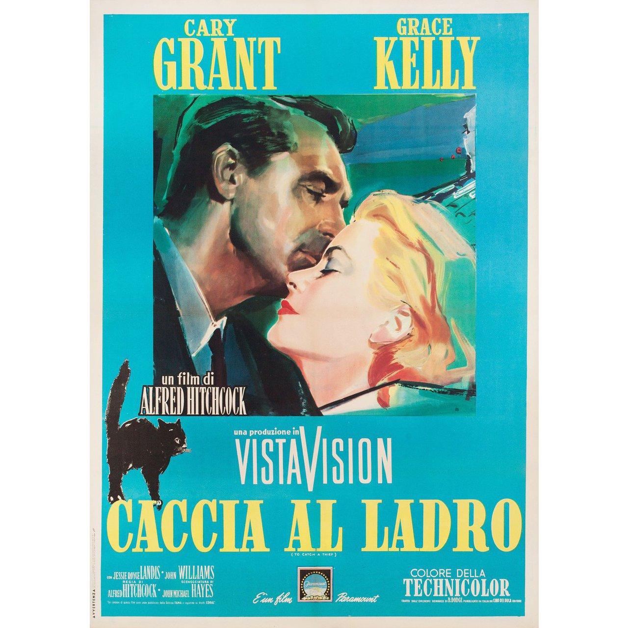 Original 1961 re-release Italian due fogli poster by Ercole Brini for the 1955 film To Catch a Thief directed by Alfred Hitchcock with Cary Grant / Grace Kelly / Jessie Royce Landis / John Williams. Fine condition, linen-backed. This poster has been