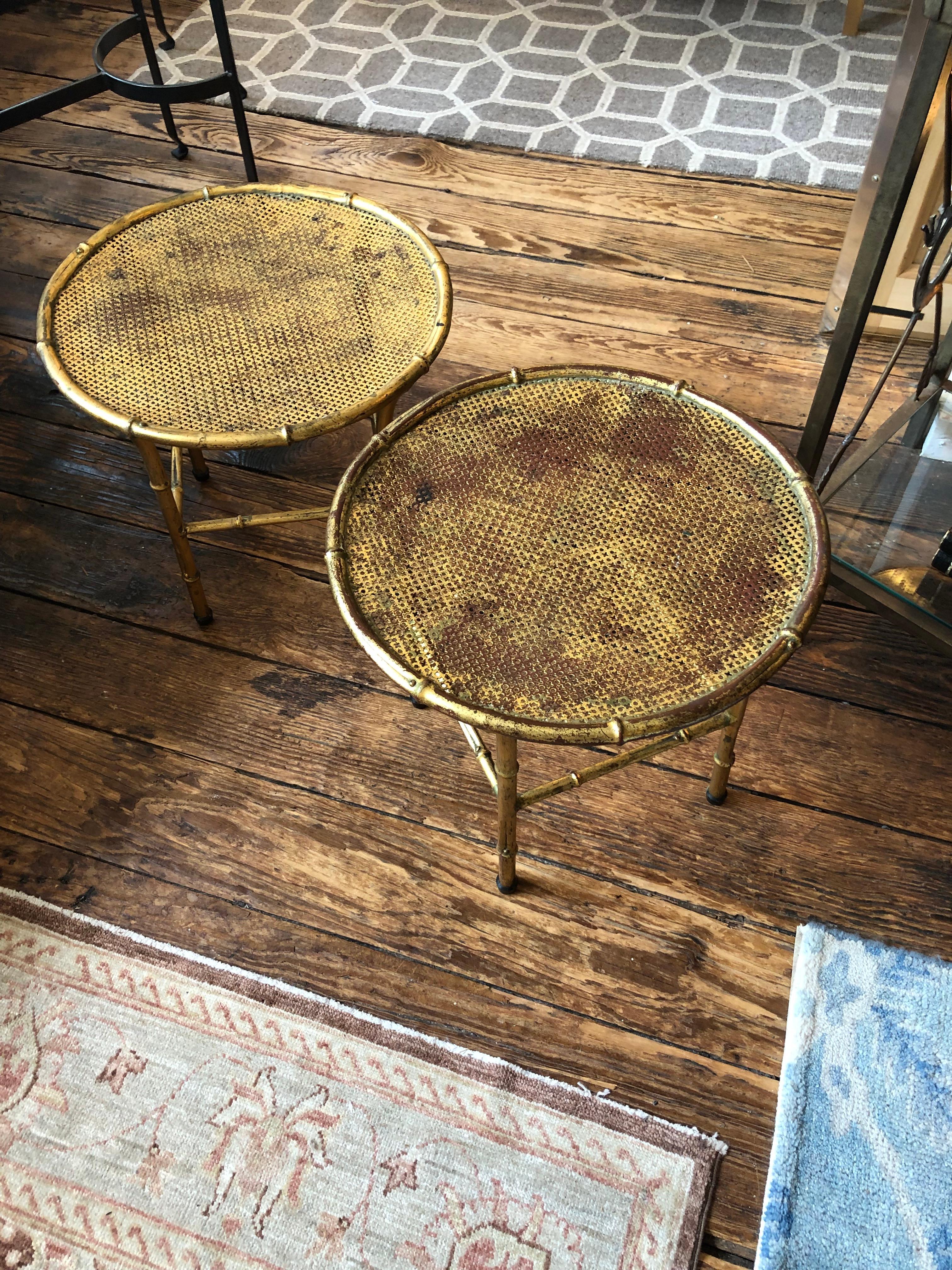 To Die For Pair of Italian Gilt Iron Faux Bamboo Round Small Cocktail Tables For Sale 4