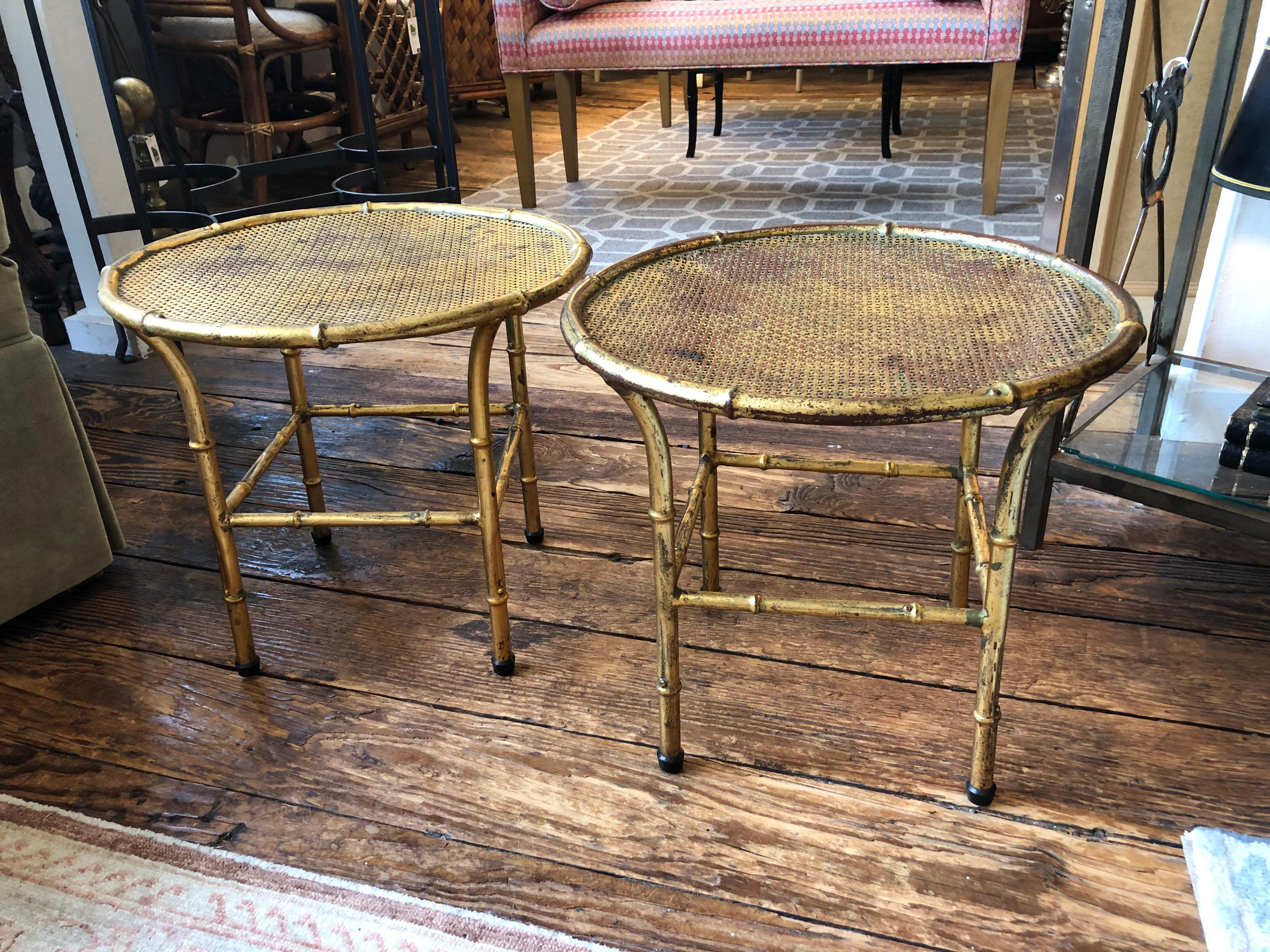 Hollywood Regency To Die For Pair of Italian Gilt Iron Faux Bamboo Round Small Cocktail Tables For Sale