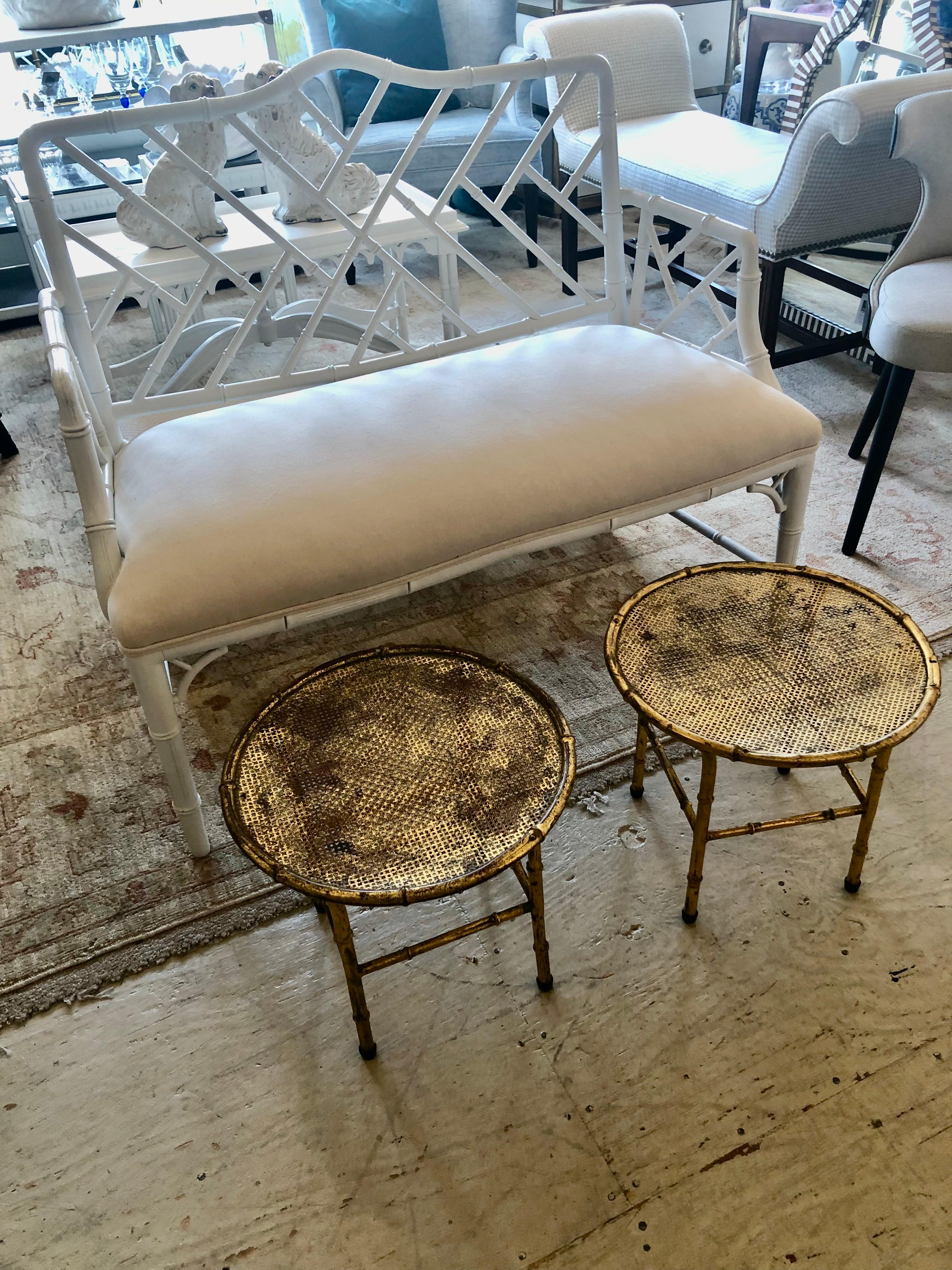 To Die For Pair of Italian Gilt Iron Faux Bamboo Round Small Cocktail Tables In Good Condition For Sale In Hopewell, NJ