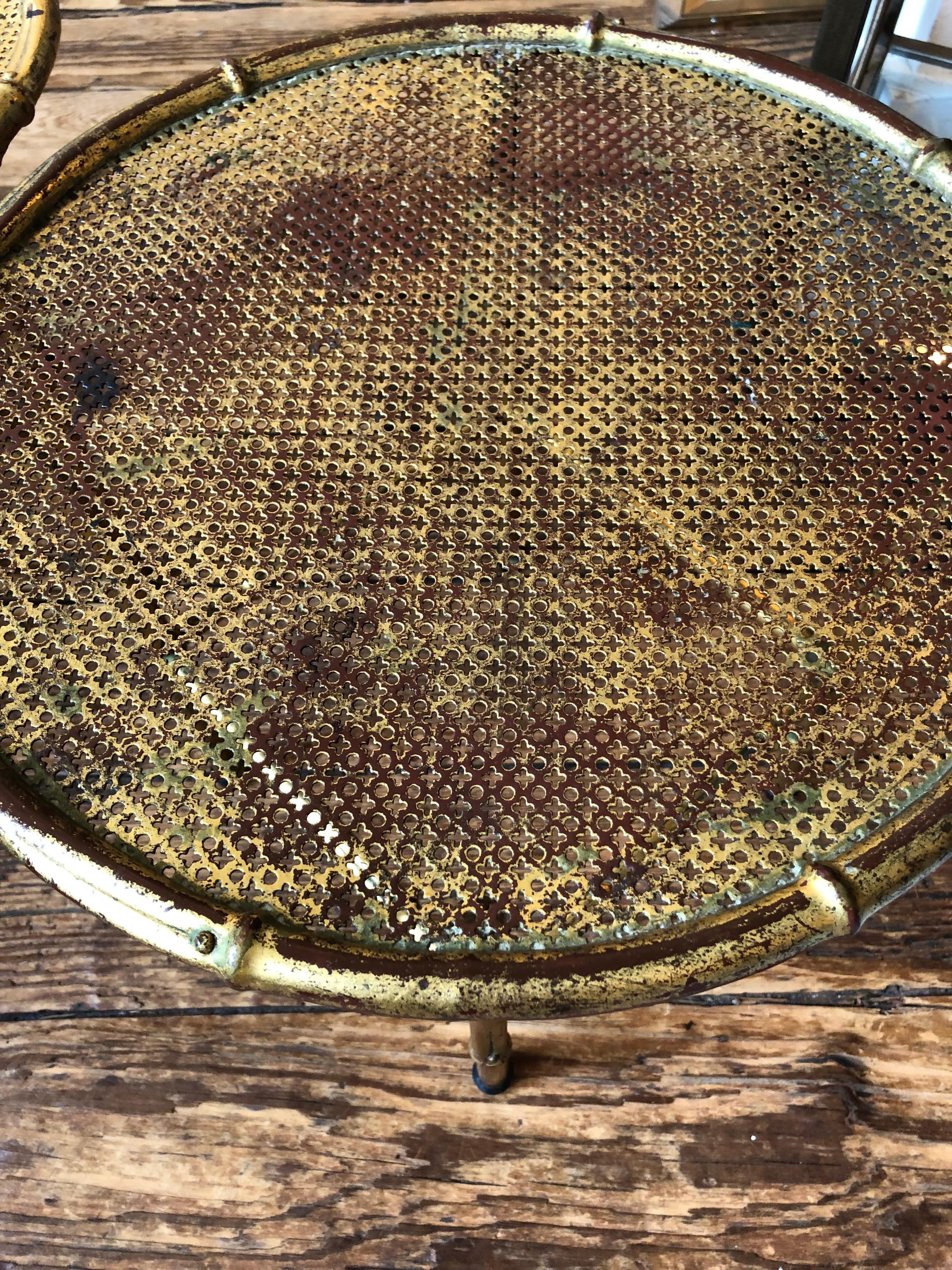 Mid-20th Century To Die For Pair of Italian Gilt Iron Faux Bamboo Round Small Cocktail Tables For Sale