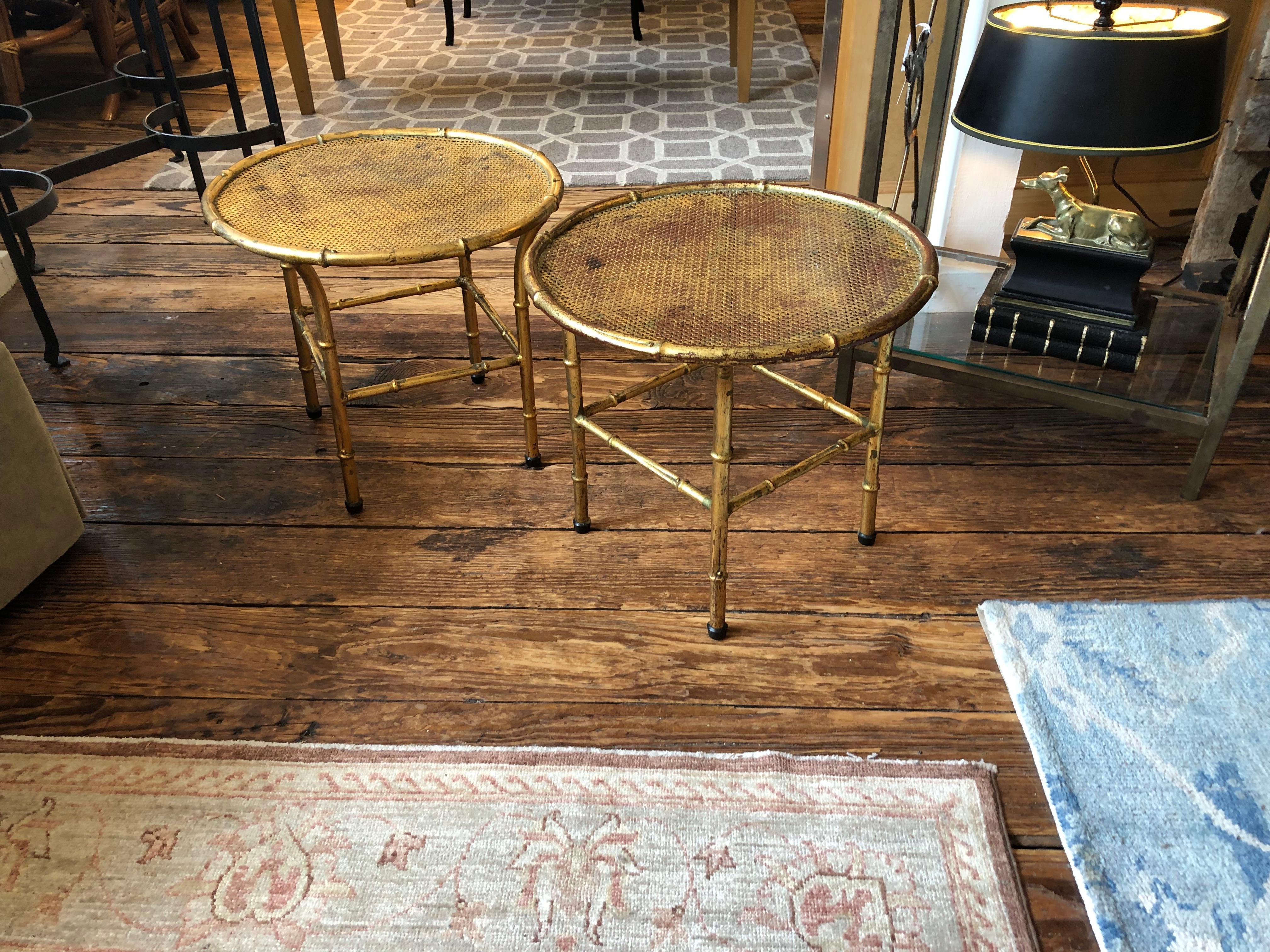To Die For Pair of Italian Gilt Iron Faux Bamboo Round Small Cocktail Tables For Sale 3