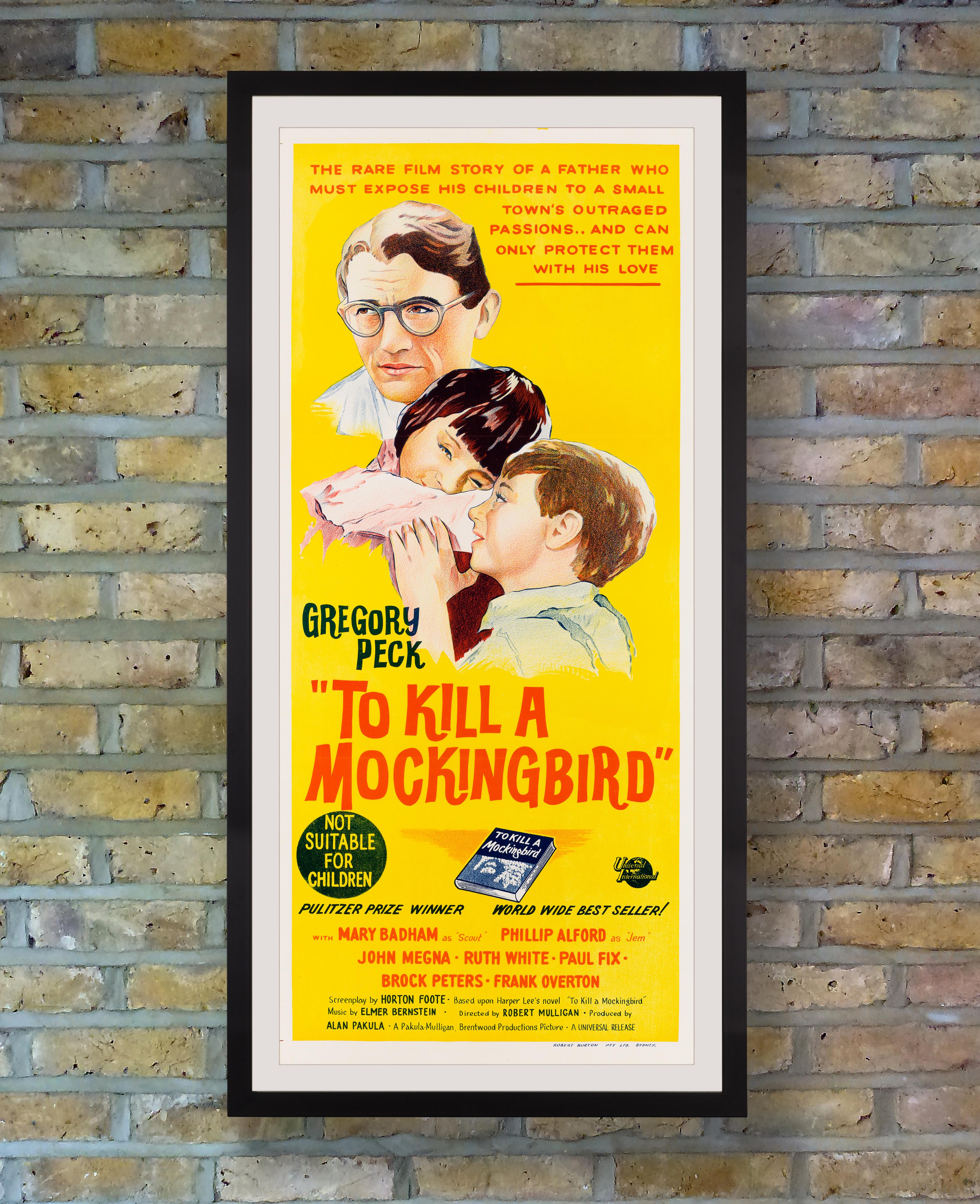 Uno scarso poster originale in litografia su pietra per la prima uscita australiana dell'adattamento cinematografico del 1962 del romanzo di Harper Lee vincitore del Premio Pulitzer nel 1960 