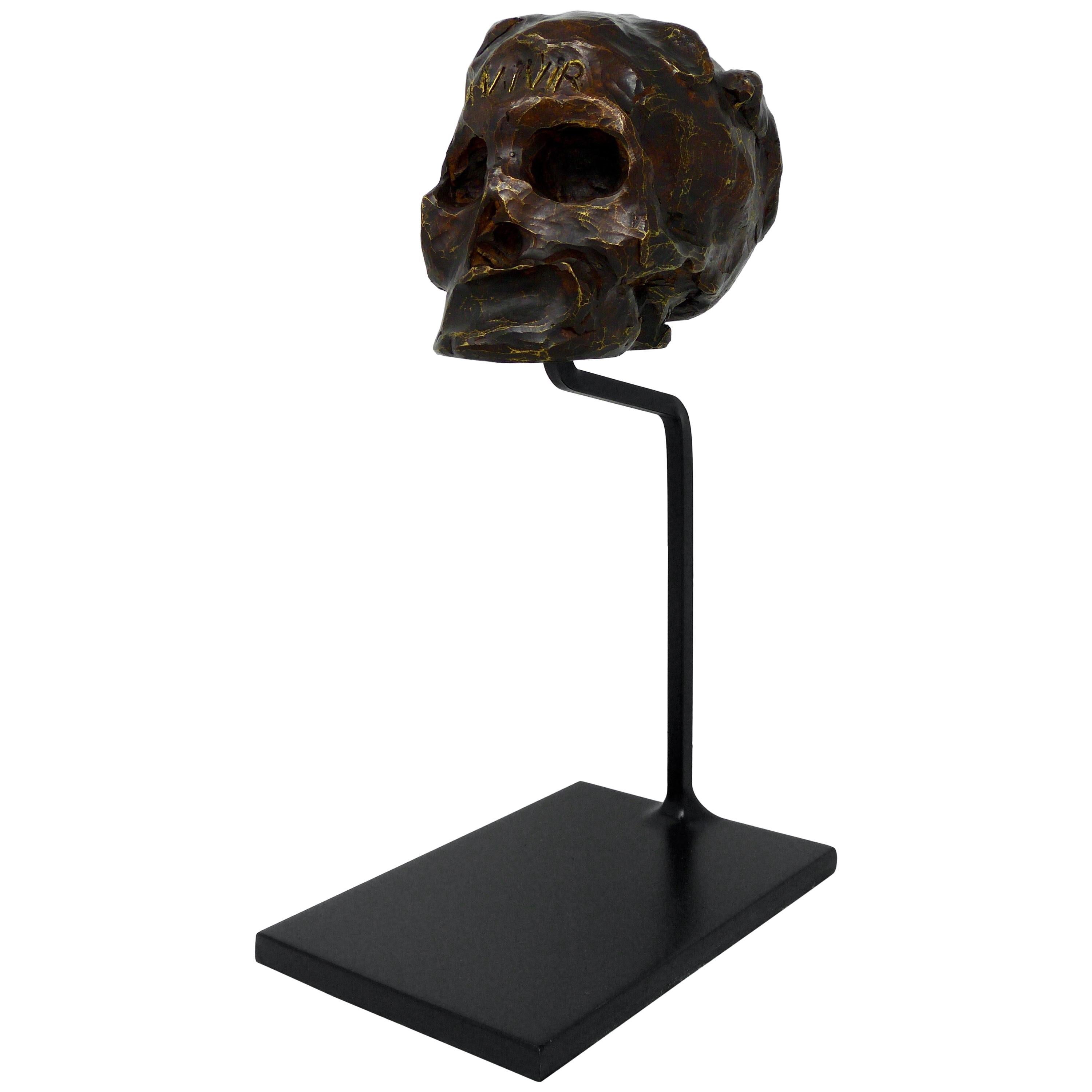 To Live Skull by Roberto Cortazar Bronze Sculpture Mexico 2016 For Sale