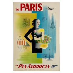 TO PARIS VIA PAN AM Original Vintage Airline Travel Tourism Poster Affiche MCM