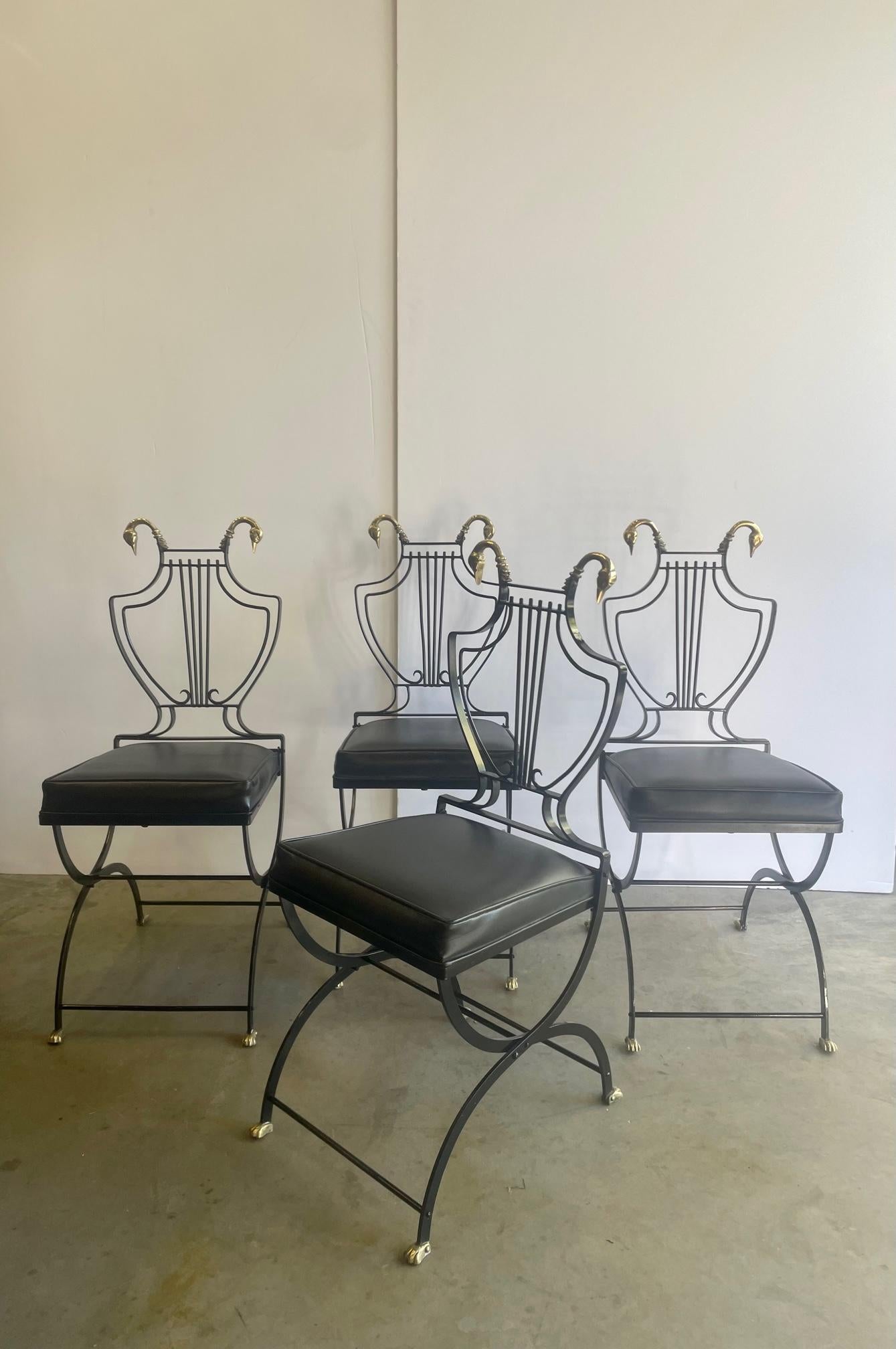 Neoclassical To Swoon Over Maison Jansen Dining Set with Round Table and 4 Lyre Motif Chairs For Sale