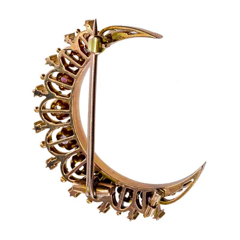 Art Deco To The Moon Alice Hand Constructed Crescent Moon Pin with Diamonds, circa 1920s For Sale