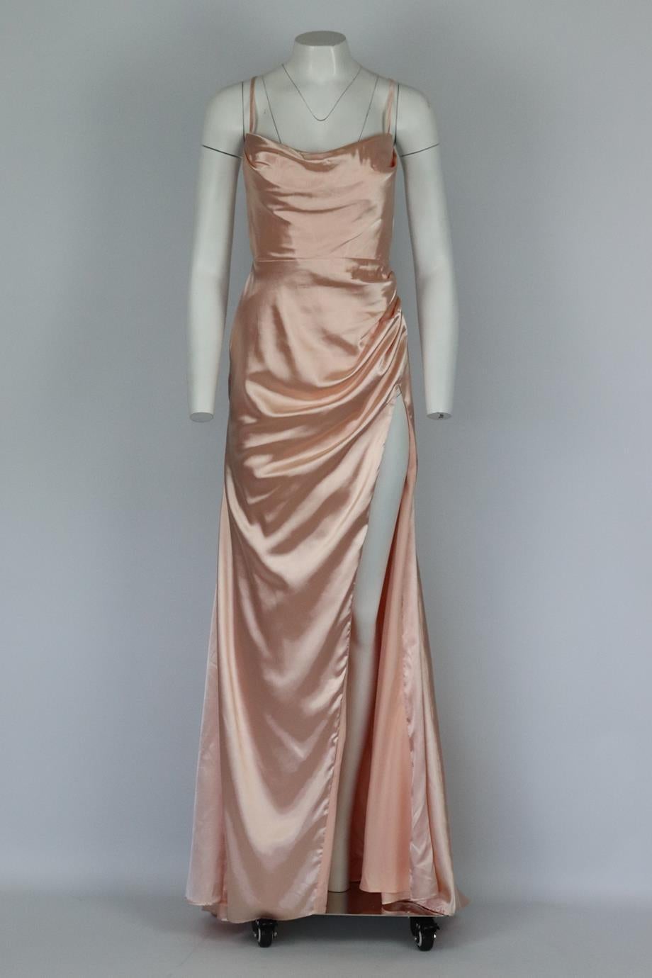 To The Nines open back draped satin gown. Pink. Sleeveless, cowl neck. Zip fastening at back. 100% Polyester. Size: UK 10 (US 6, FR 38, IT 42) Bust: 34 in. Waist: 28 in. Hips: 37 in. Length: 61 in. New with tags
