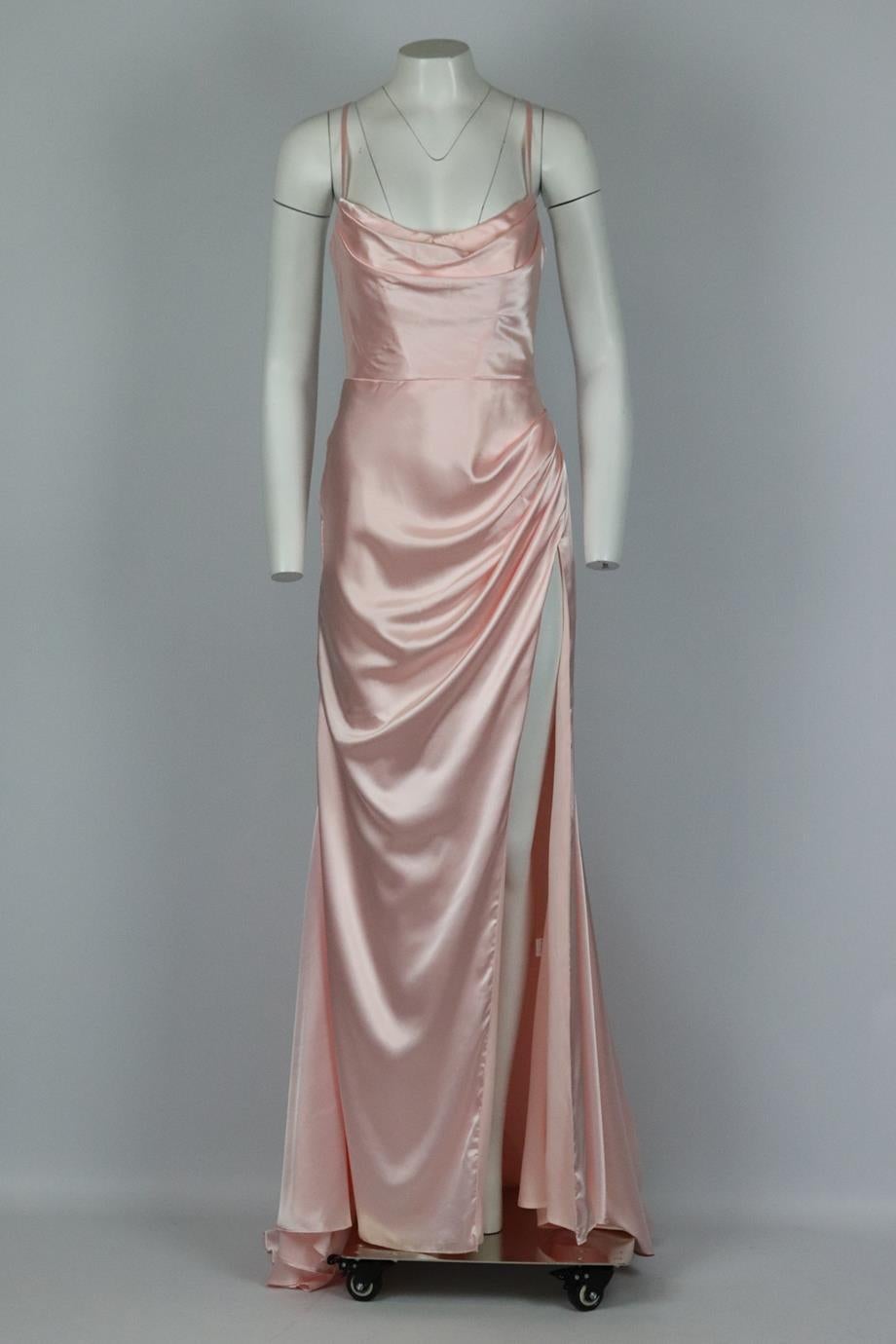 To The Nines open back draped satin gown. Light-pink. Sleeveless, cowl neck. Zip fastening at back. 100% Polyester. Size: UK 10 (US 6, FR 38, IT 42) Bust: 34 in. Waist: 28 in. Hips: 37 in. Length: 62 in. New with tags
