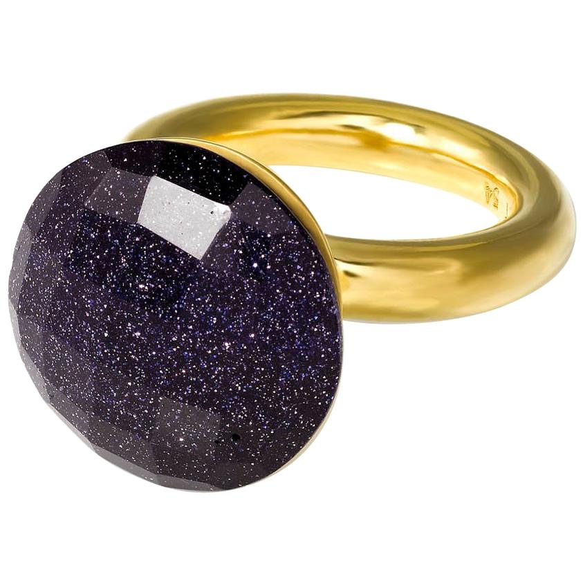 Yellow Gold-Plated Cocktail Statement Ring TO THE STARS Midnight Blue Sky For Sale