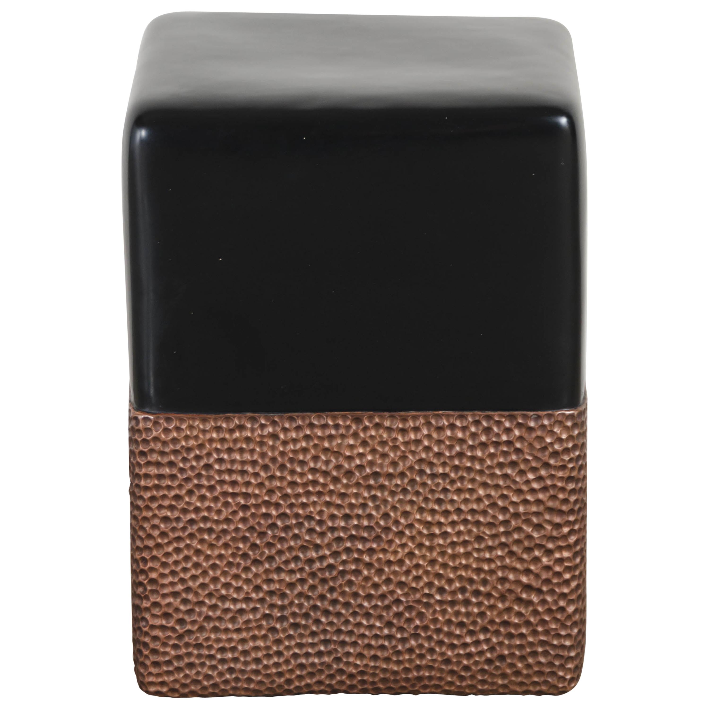 Toad Skin Block Drumstool, Black Lacquer and Antique Copper by Robert Kuo For Sale
