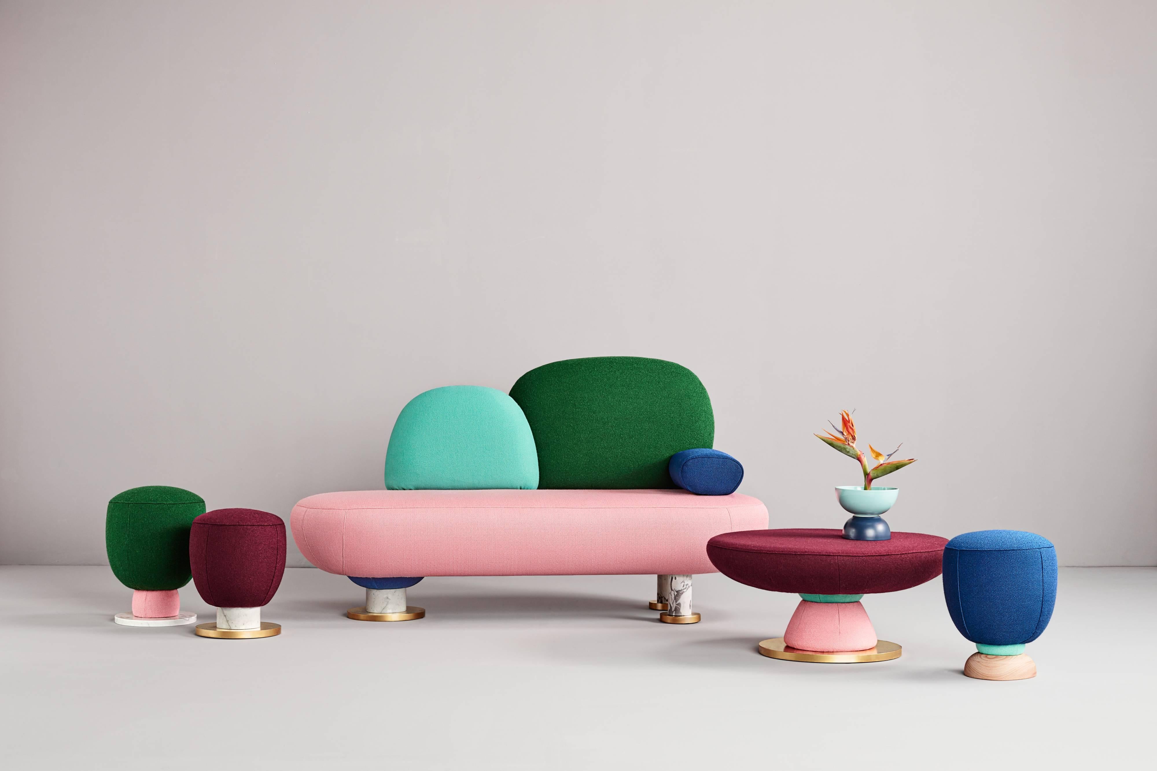 Toadstool collection ensemble sofa, table and puffs, Masquespacio.

Made to order fabrics and colors can be chosen.

This collection of puffs, table and sofa bench designed by Masquespacio is inspired in the visual culture and graphic design