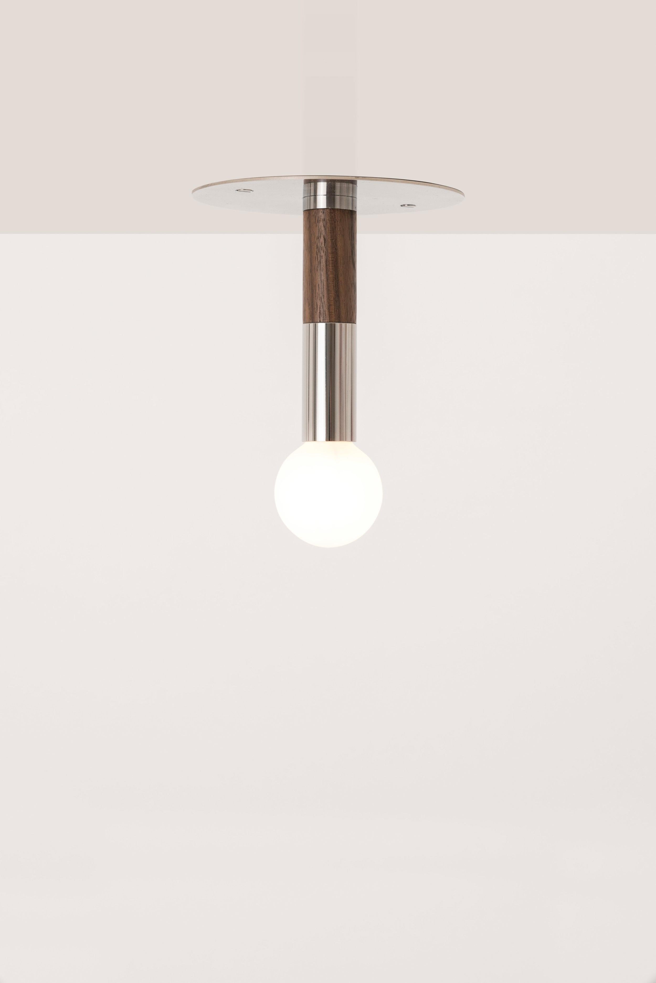 Toam Flush Mount in Polished Chrome and Walnut with Frosted Bulb In New Condition In Brooklyn, NY