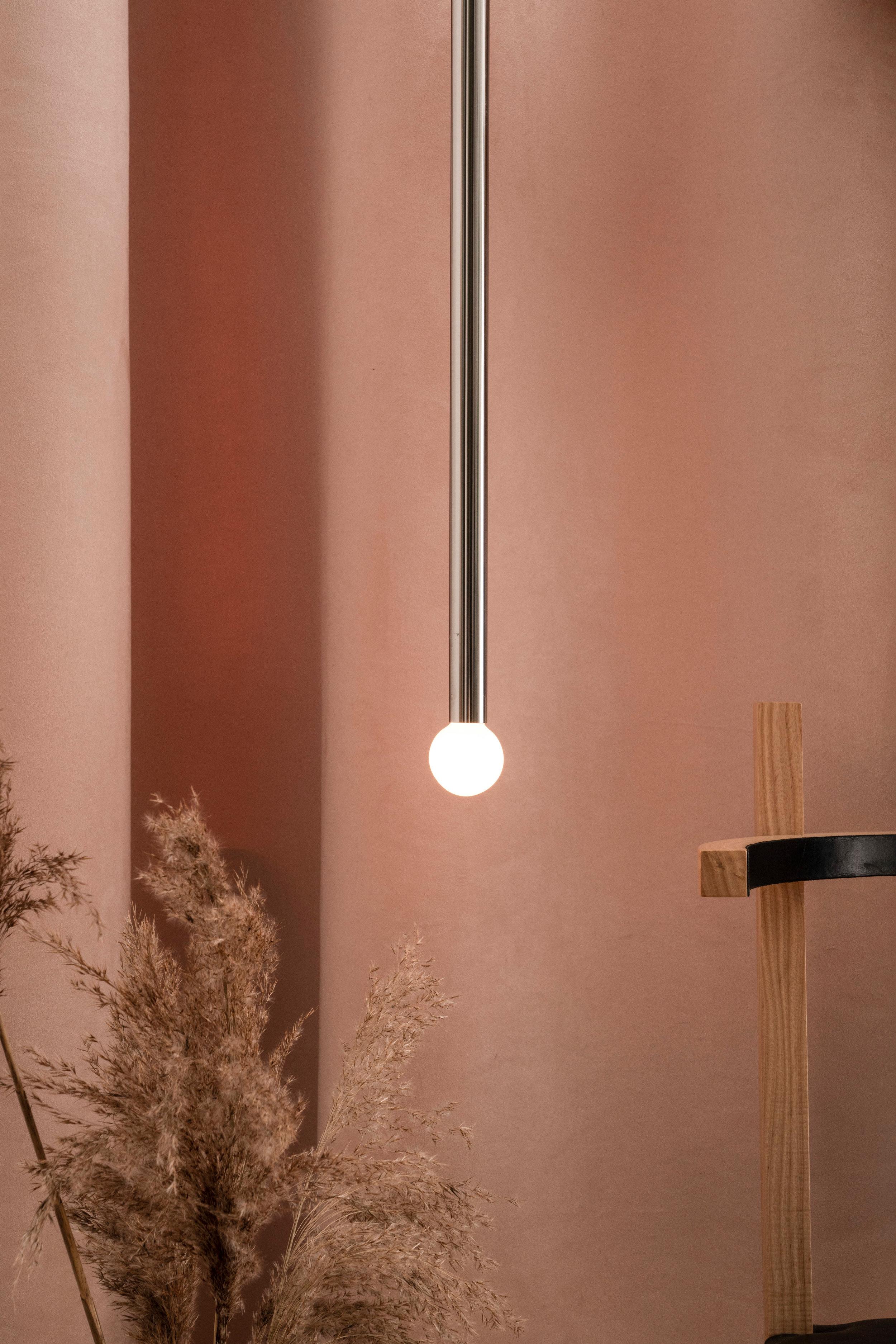 Modern Toam Pendant in Polished Chrome and Walnut with Frosted Bulb